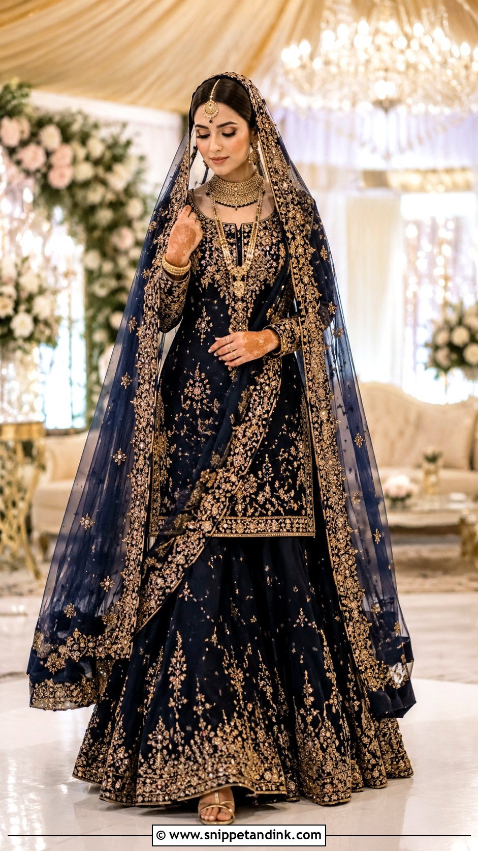 Navy Blue Gharara With Antique Gold Jewelry - Snippet and Ink - 30 Indian Muslim Bridal Dress Ideas