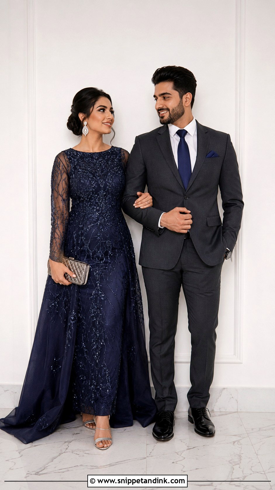 Navy Blue Gown And Charcoal Suit Wedding Couple Dress Combination - Snippet and Ink - 25 Wedding Couple Dress Combination Ideas