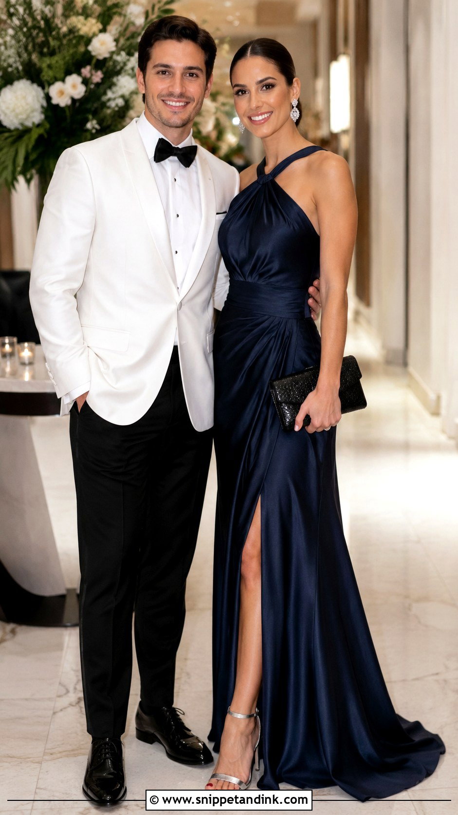 Navy Blue Gown And White Dinner Jacket - Snippet and Ink - 20 Navy Blue Couple Wedding Outfits