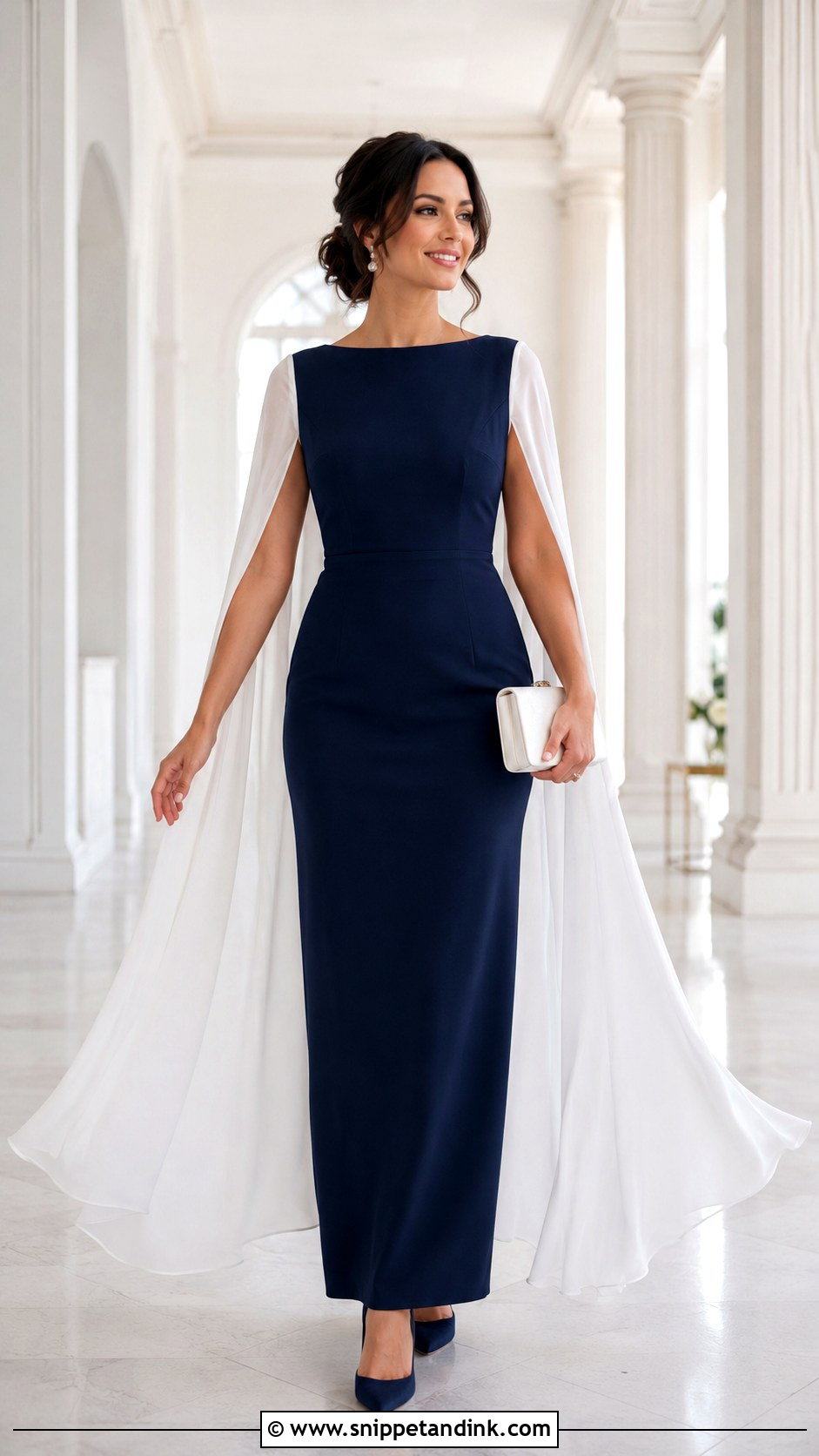 Navy Blue Gown With White Cape Sleeves - Snippet and Ink - 20 Blue and White Gown Ideas