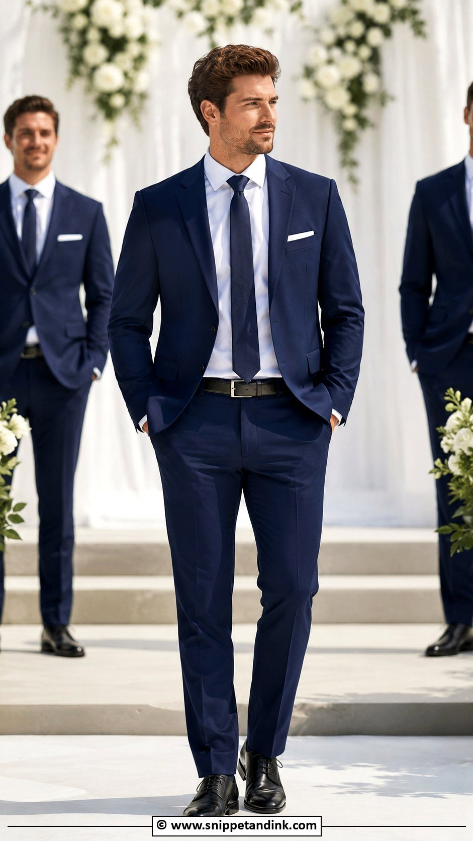 Navy Blue Groomsmen Suit With Matching Tie - Snippet and Ink - 30 Blue Suit Wedding Ideas