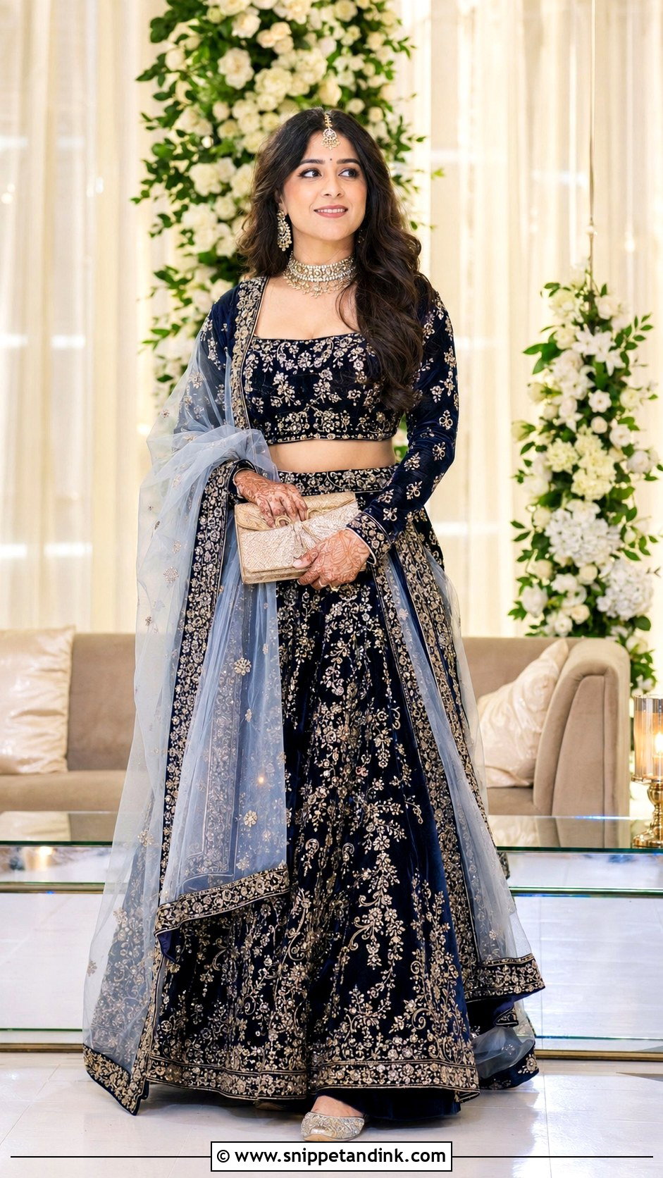 Navy Blue Kashmiri Bridal Reception Lehenga - Snippet and Ink - 20 Kashmiri Pandit Bride Ideas
