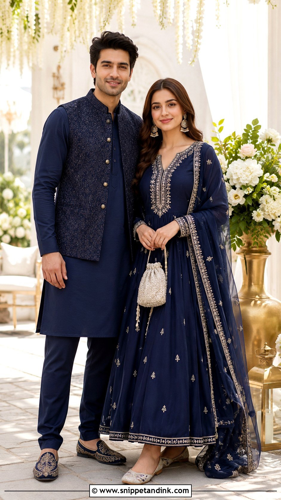 Navy Blue Kurta And Anarkali Dress - Snippet and Ink - 20 Navy Blue Couple Wedding Outfits