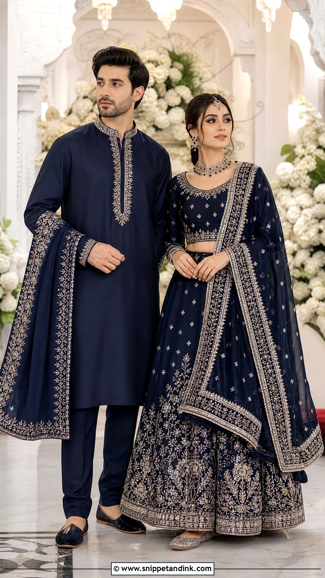 Navy Blue Kurta And Embroidered Lehenga - Snippet and Ink - 20 Navy Blue Couple Wedding Outfits