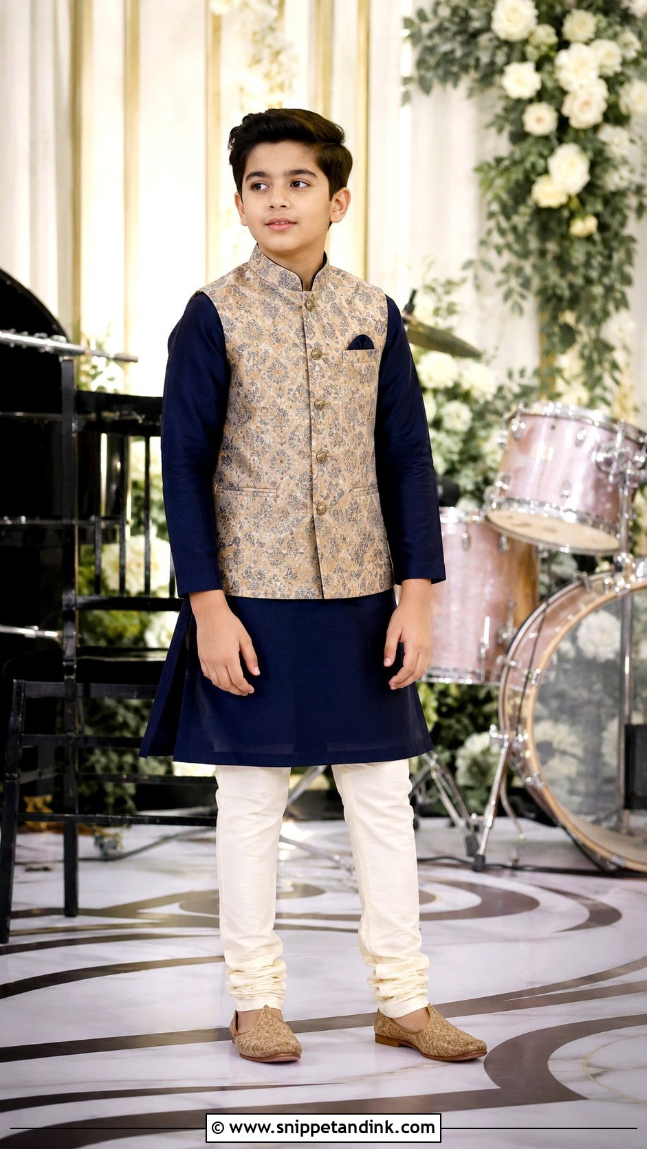 Navy Blue Kurta With Printed Nehru Jacket - Snippet and Ink - 20 Boys Sangeet Outfit Ideas