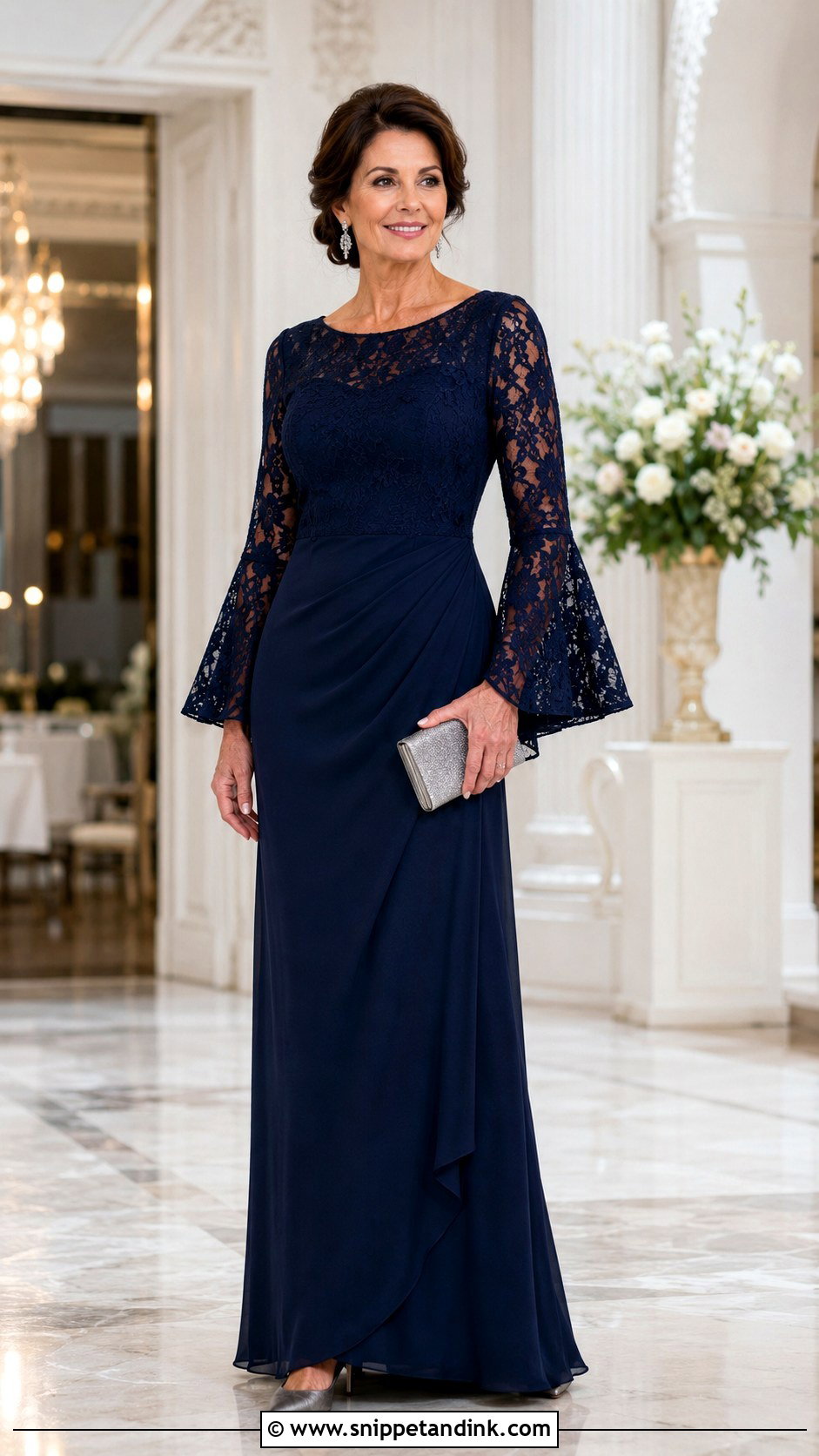 Navy Blue Lace Bell Sleeve Gown - Snippet and Ink - 20 Bell Sleeve Gown Ideas
