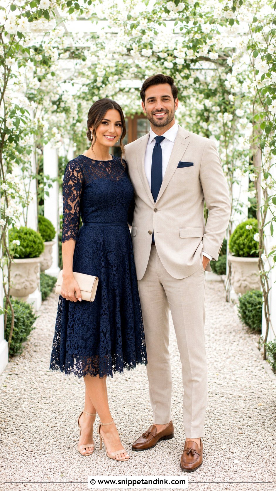 Navy Blue Lace Dress And Beige Suit - Snippet and Ink - 20 Navy Blue Couple Wedding Outfits