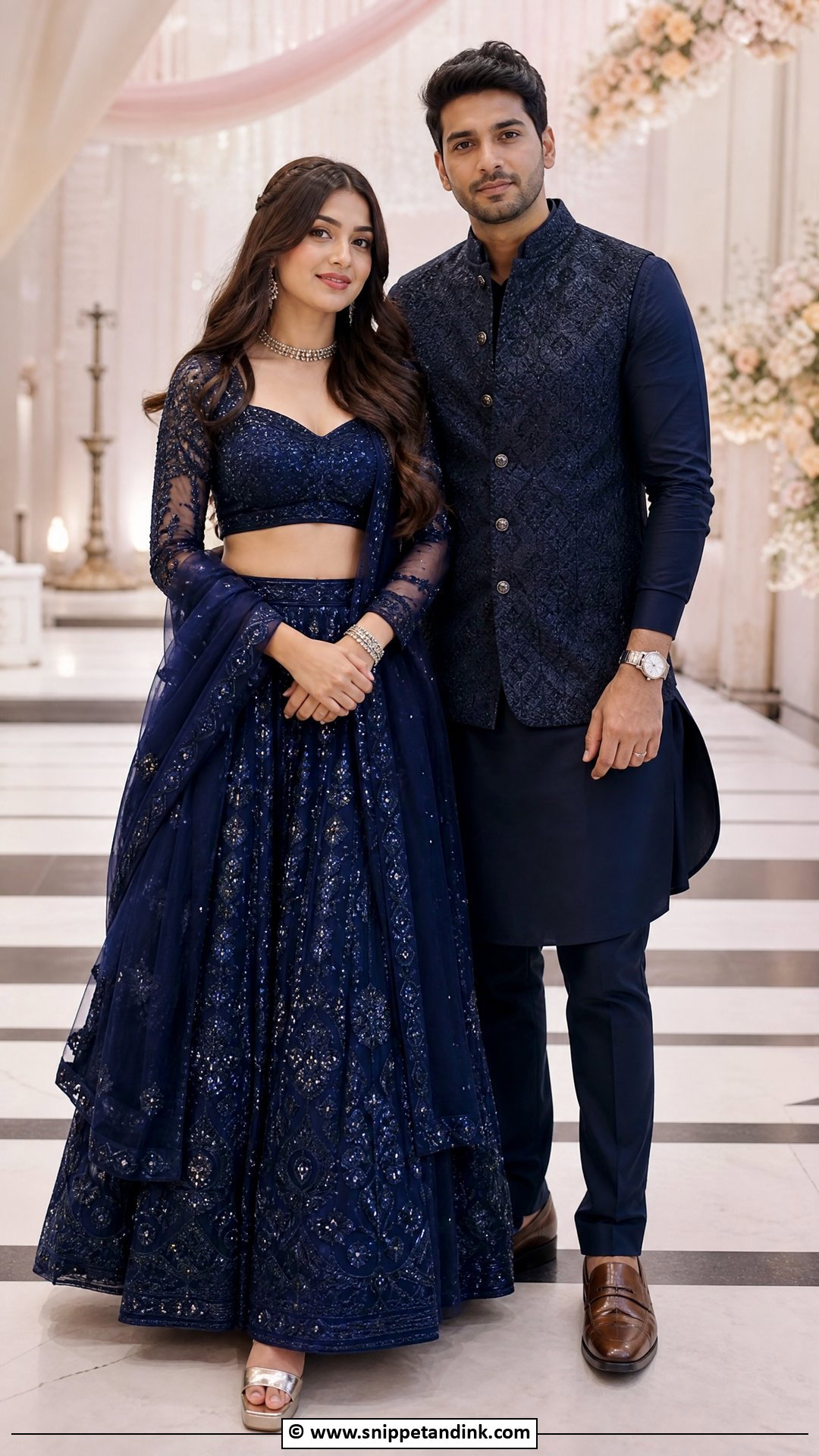 Navy Blue Lehenga And Navy Kurta - Snippet and Ink - 35 Indian Couple Matching Dress Ideas