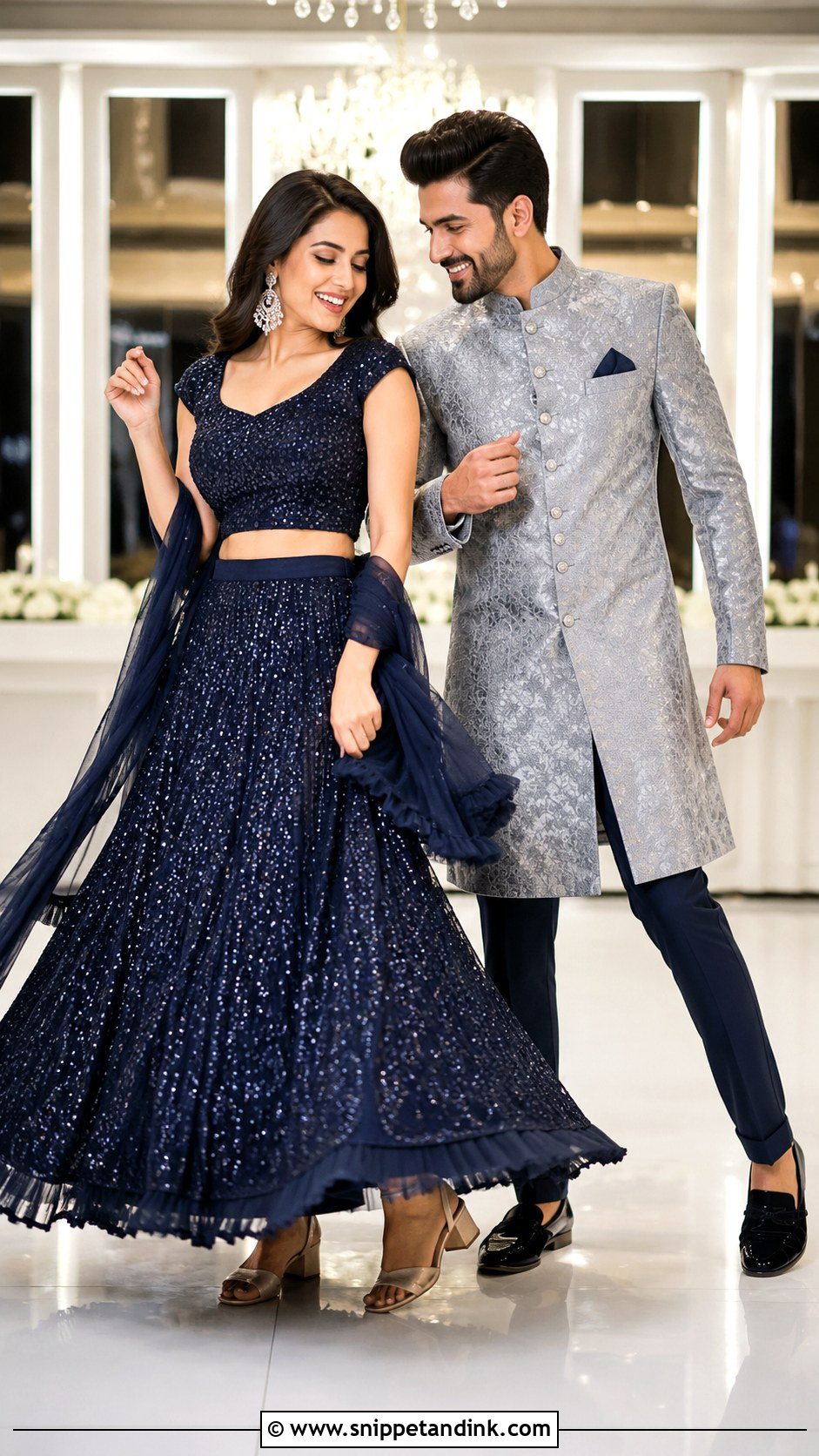 Navy Blue Lehenga And Silver Sherwani For Sangeet - Snippet and Ink - 20 Couple Matching Dress Indian Wedding Ideas