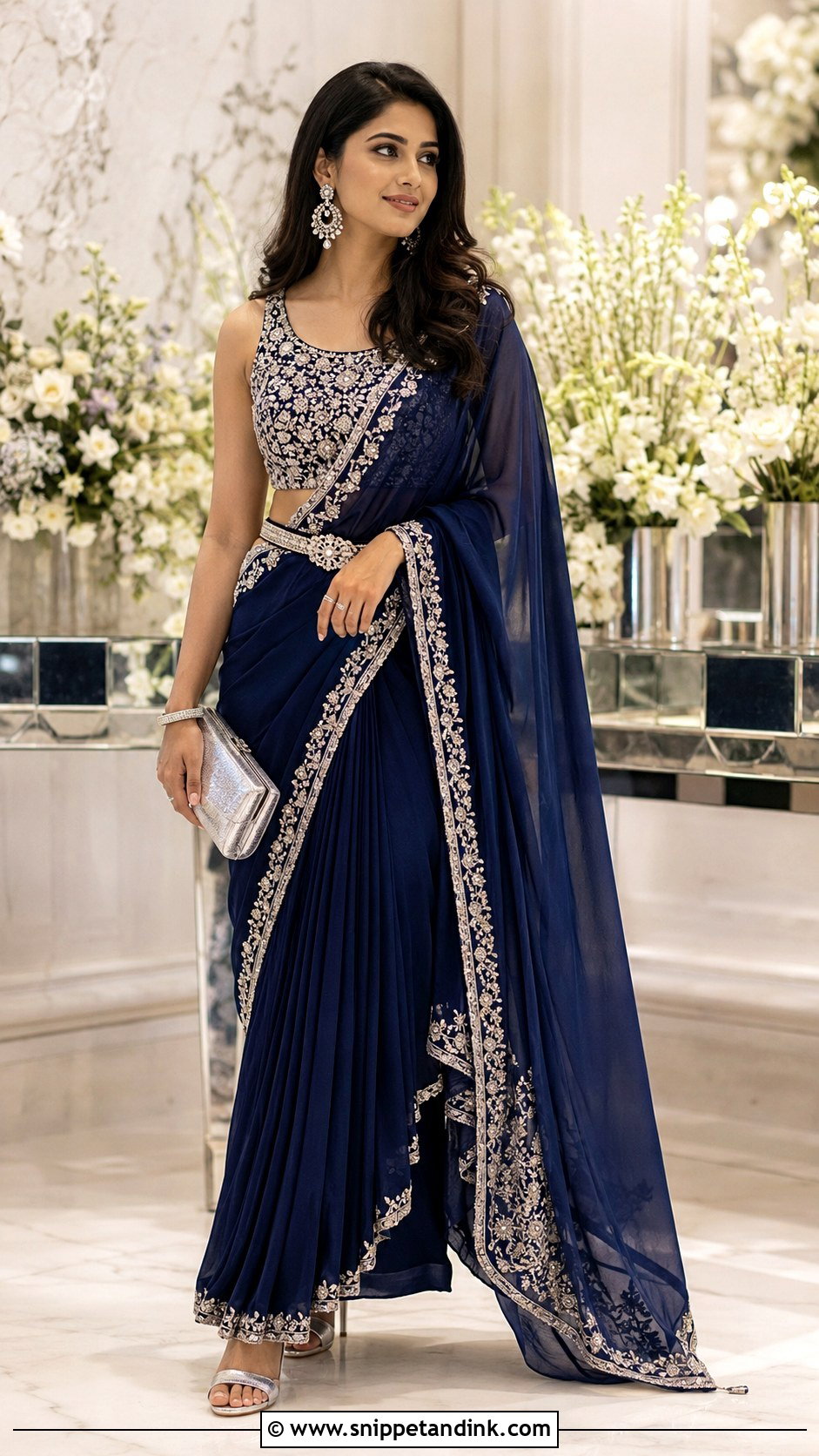 Navy Blue Lehenga Saree Roka Outfit - Snippet and Ink - 20 Indian Roka Outfits