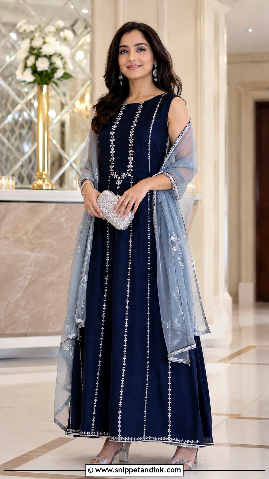 Navy Blue Long Gown With Dupatta - Snippet and Ink - 20 Long Gown with Dupatta Ideas