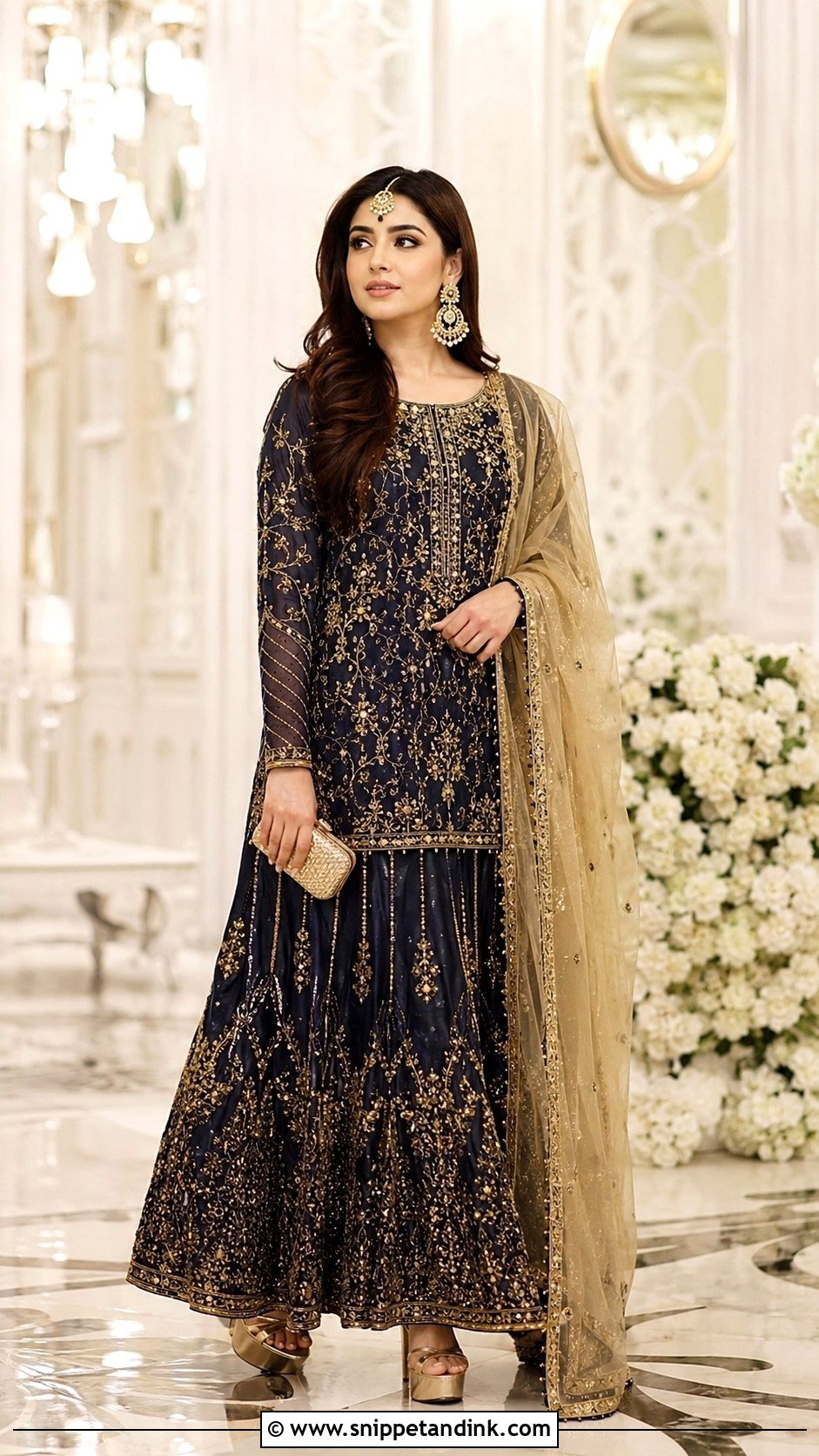 Navy Blue Long Shirt Lehenga Mangni Dress - Snippet and Ink - 20 Mangni Dress Pakistani Bridal Ideas