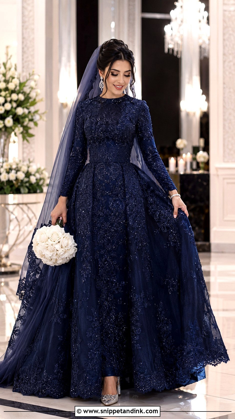 Navy Blue Long Sleeve Bridal Gown - Snippet and Ink - 20 Blue Bridal Gown Ideas