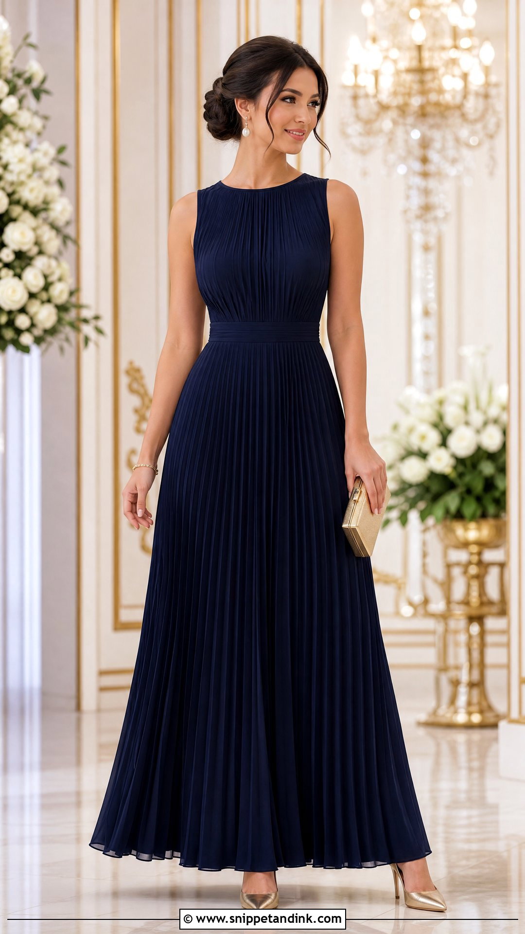 Navy Blue Maxi Dress With Golden Heels - Snippet and Ink - 25 Golden Heels Wedding Ideas