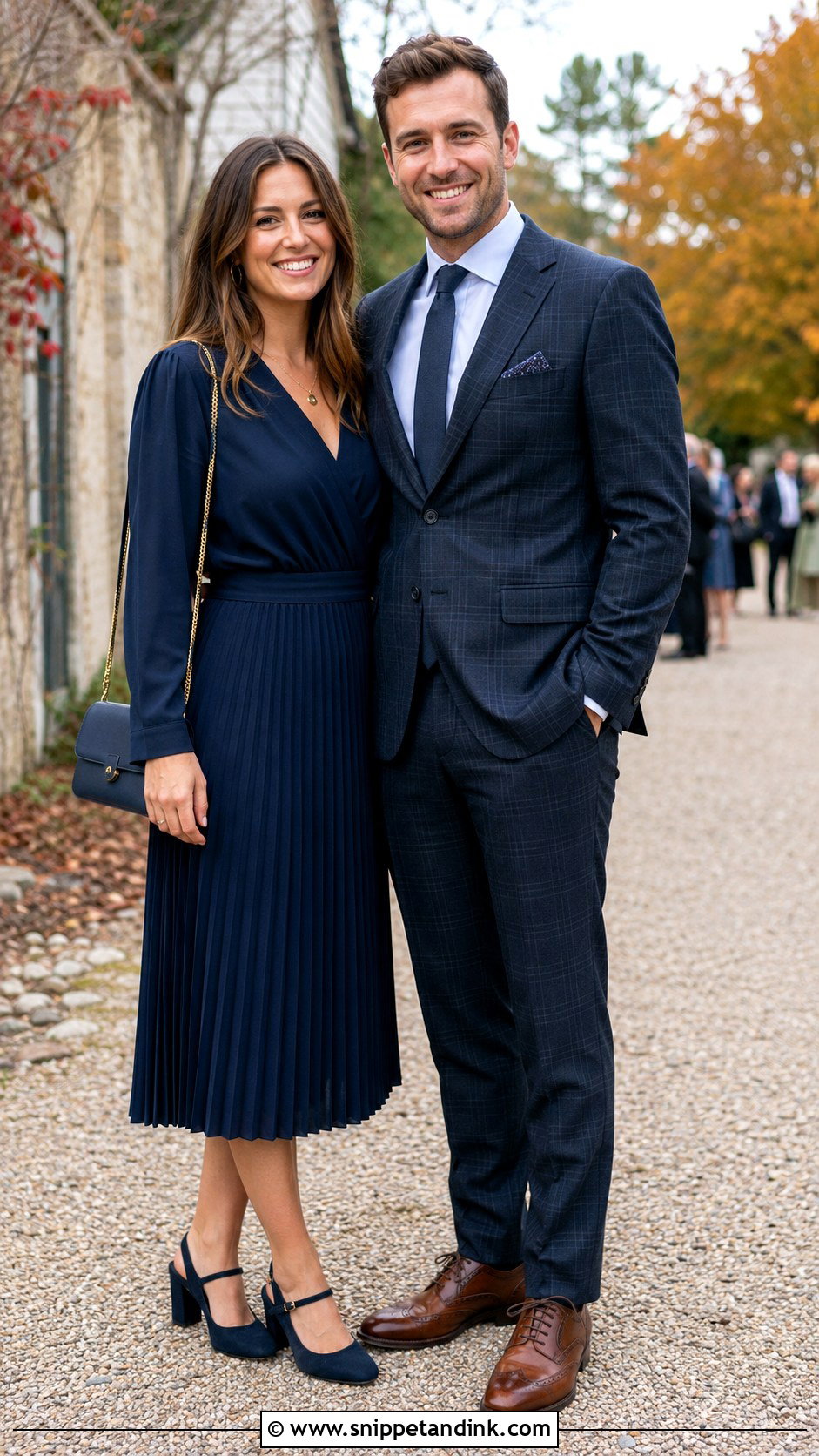 Navy Blue Midi Dress And Checked Suit - Snippet and Ink - 20 Navy Blue Couple Wedding Outfits