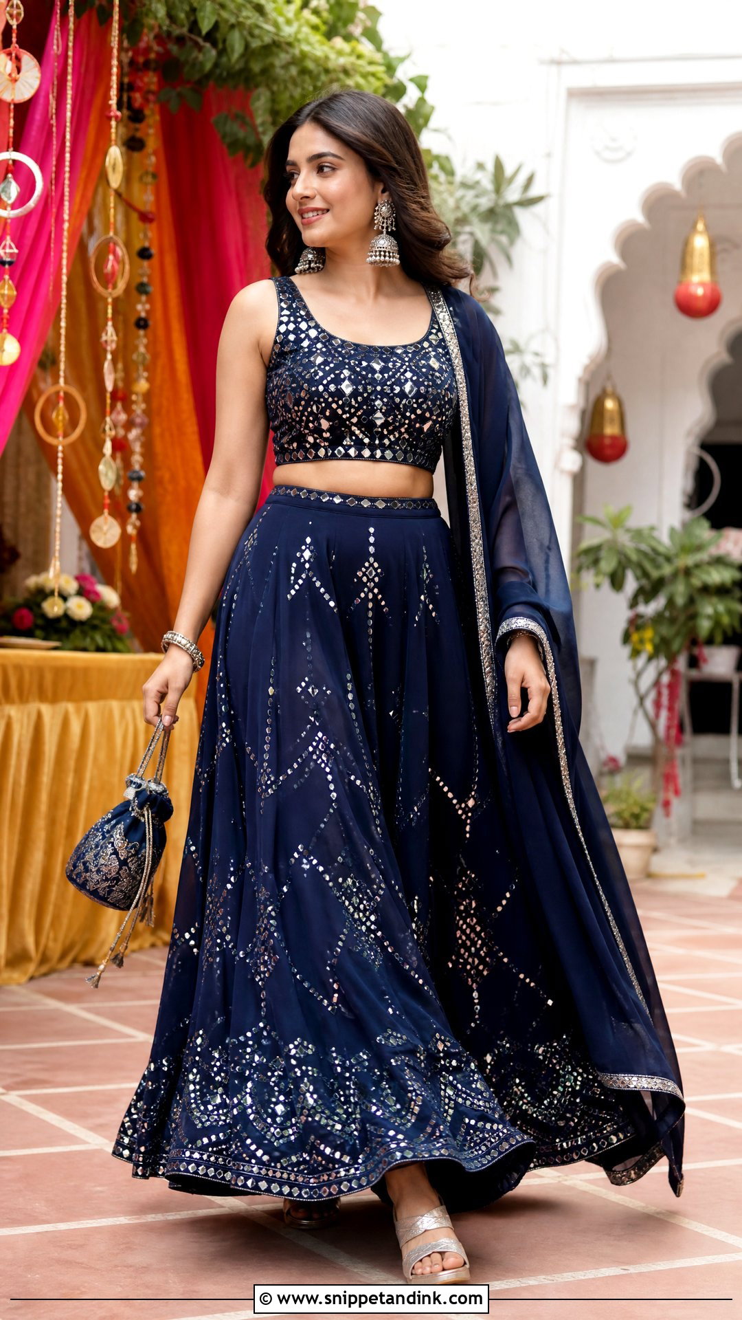 Navy Blue Mirror Work Party Lehenga - Snippet and Ink - 20 Party Lengha Ideas