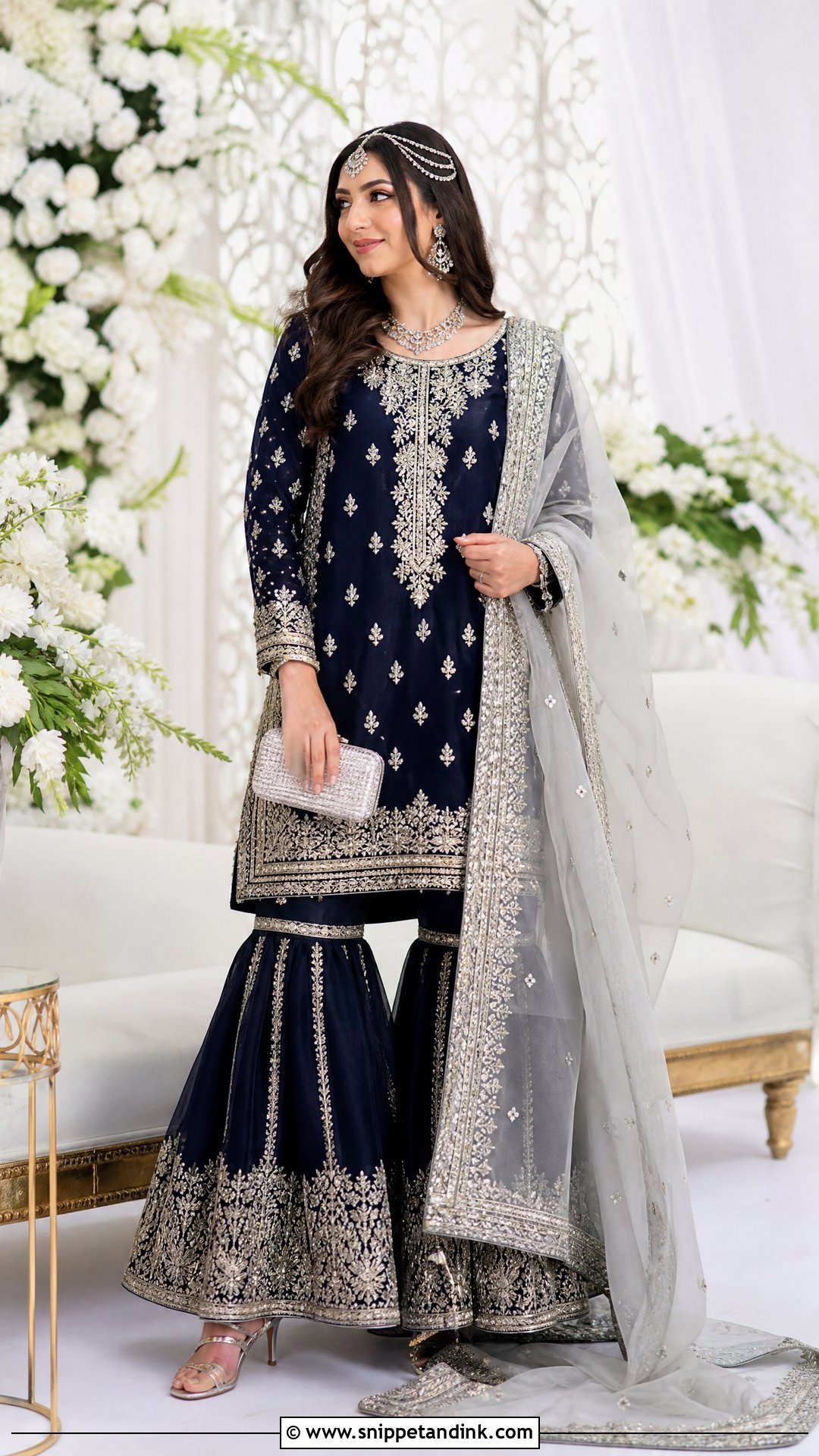 Navy Blue Nikkah Gharara With Silver Embroidery - Snippet and Ink - 20 Nikkah Gharara Outfit Ideas