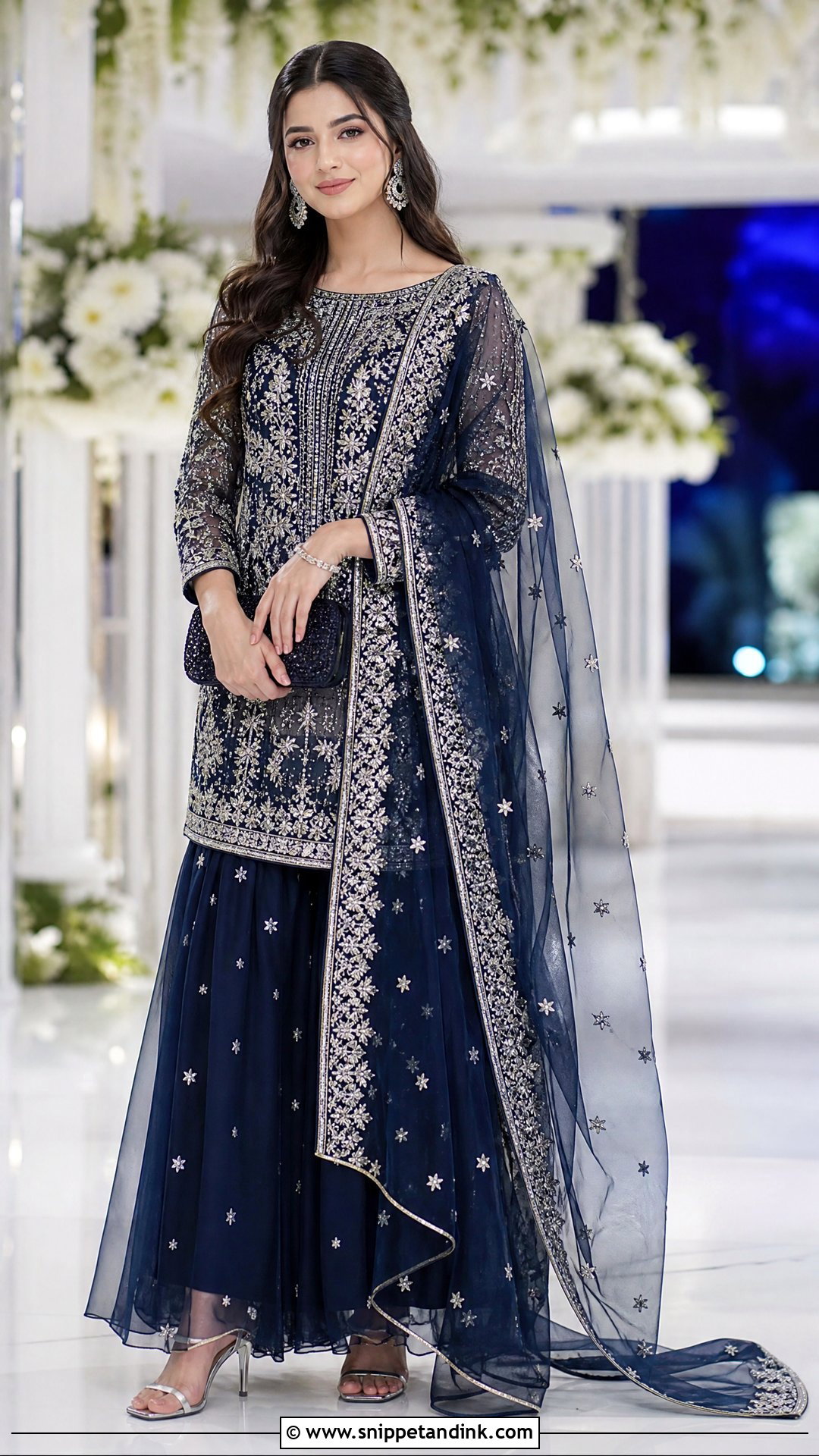 Navy Blue Nikkah Sharara With Silver Work - Snippet and Ink - 20 Nikkah Sharara Ideas