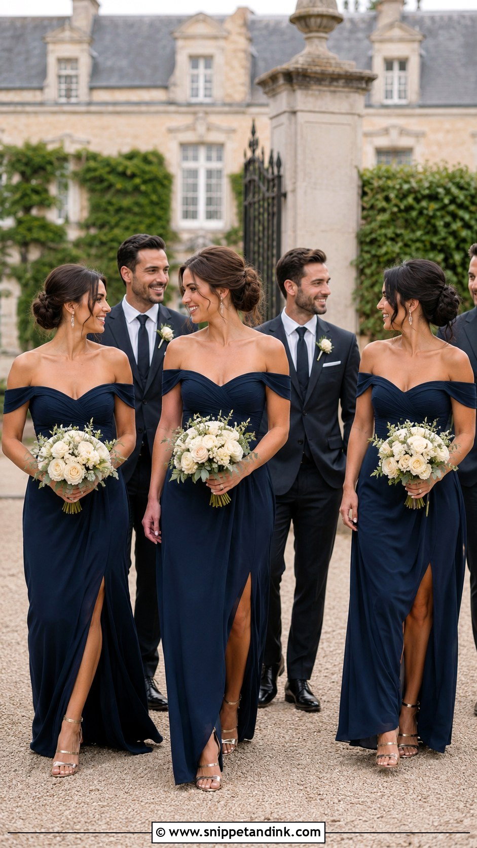 Navy Blue Off Shoulder Bridesmaid Dresses - Snippet and Ink - 25 Navy Blue Bridal Party Ideas