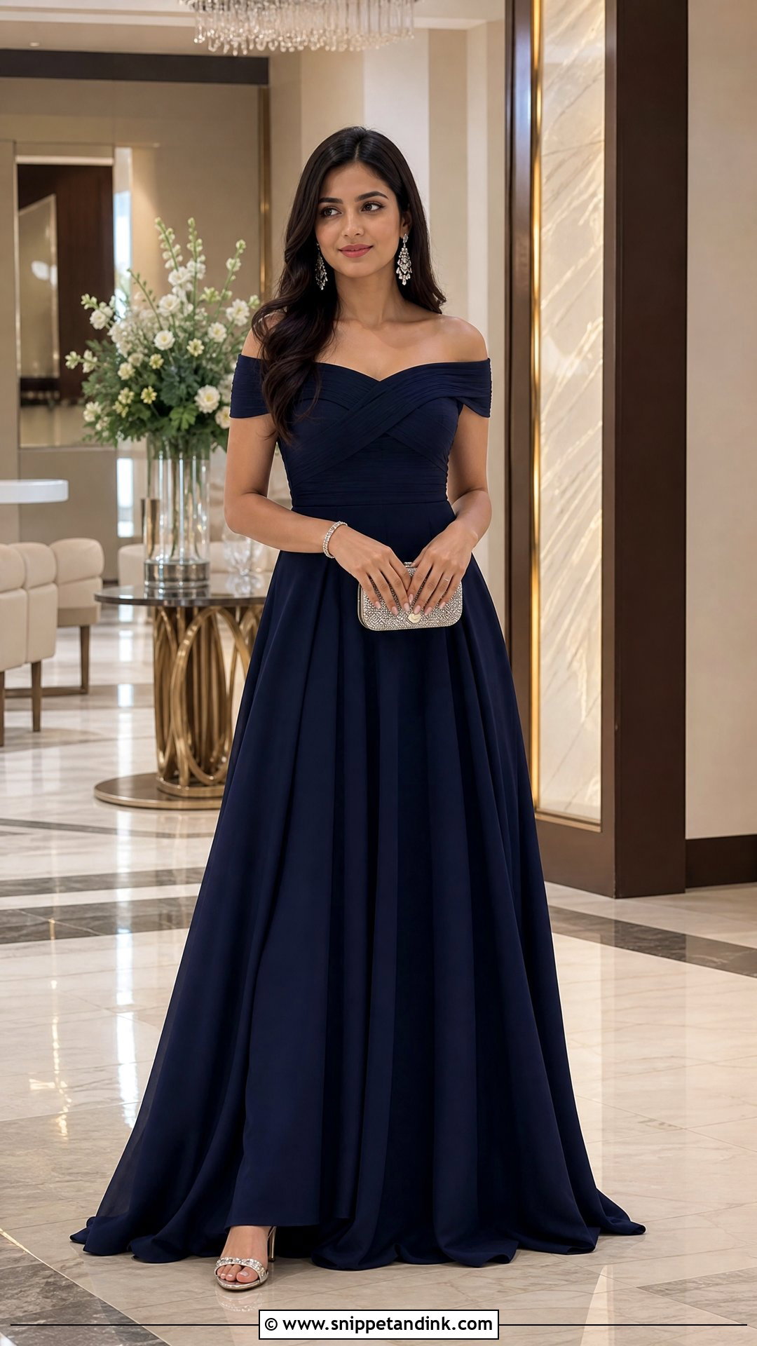Navy Blue Off Shoulder Gown Ring Ceremony Dress - Snippet and Ink - 25 Ring Ceremony Dress Ideas