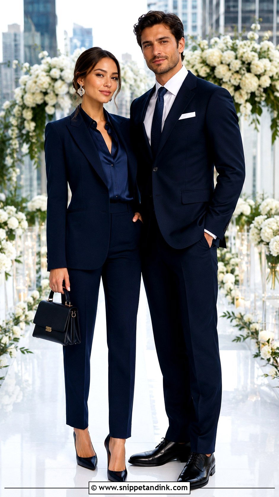 Navy Blue Pantsuit And Classic Suit - Snippet and Ink - 20 Navy Blue Couple Wedding Outfits