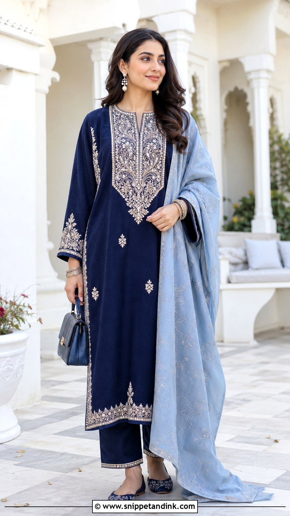 Navy Blue Pashmina Kashmiri Pheran - Snippet and Ink - 20 Kashmiri Wedding Dress Ideas