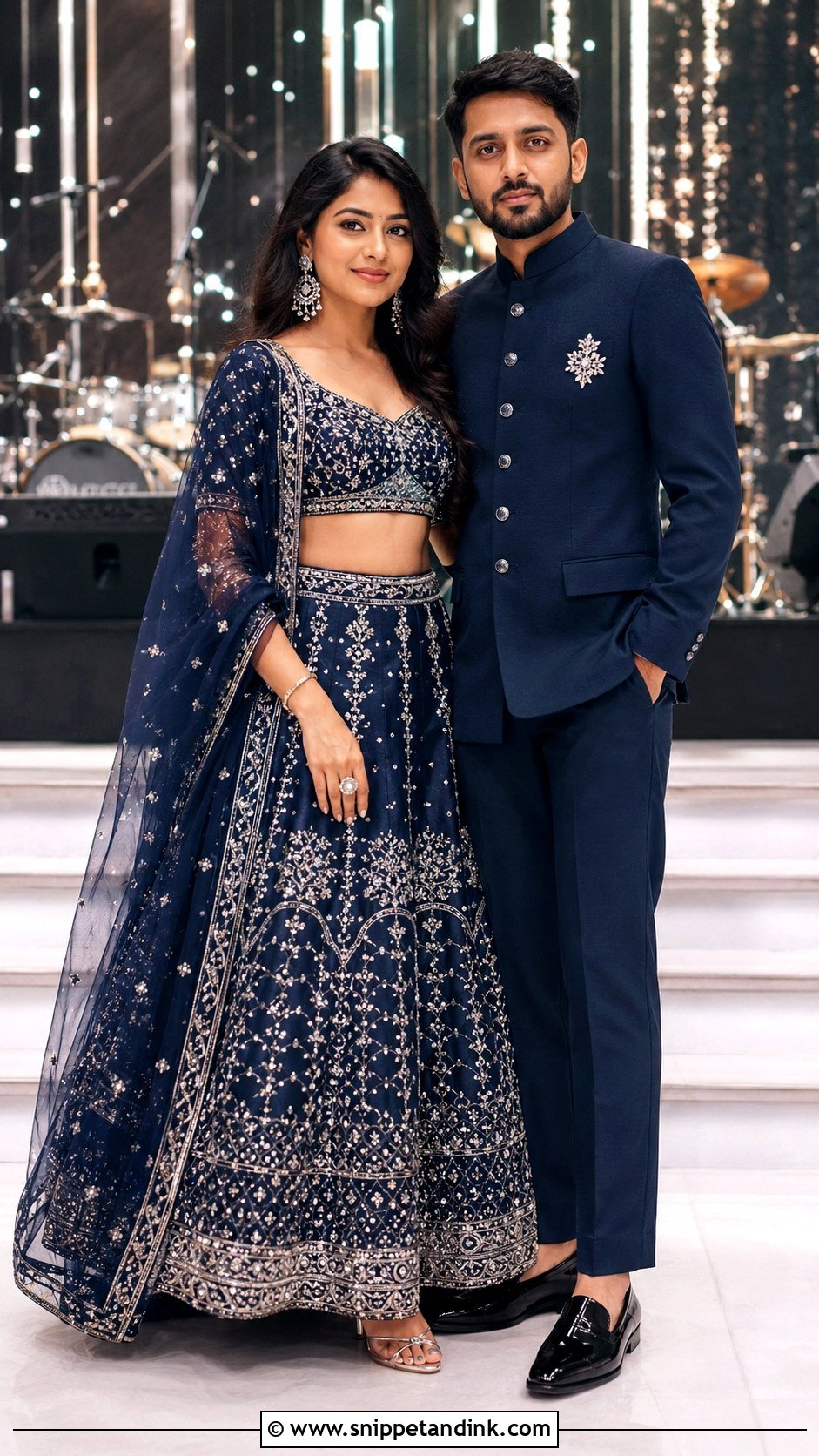 Navy Blue Sangeet Lehenga And Bandhgala Outfit - Snippet and Ink - 20 Indian Couple Wedding Outfit Ideas