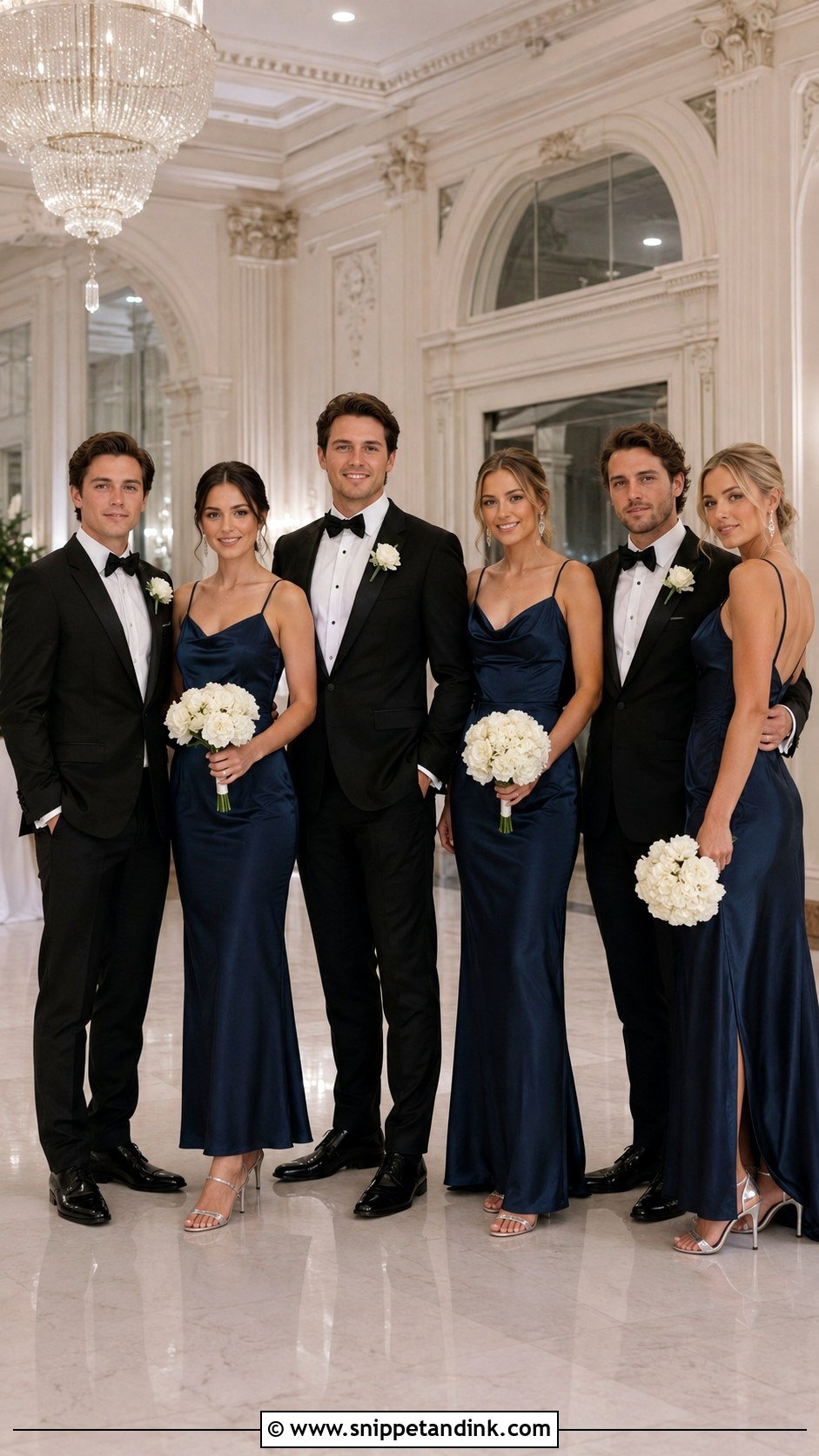 Navy Blue Satin Dresses With Black Tuxedos - Snippet and Ink - 20 Blue Wedding Party Attire Ideas