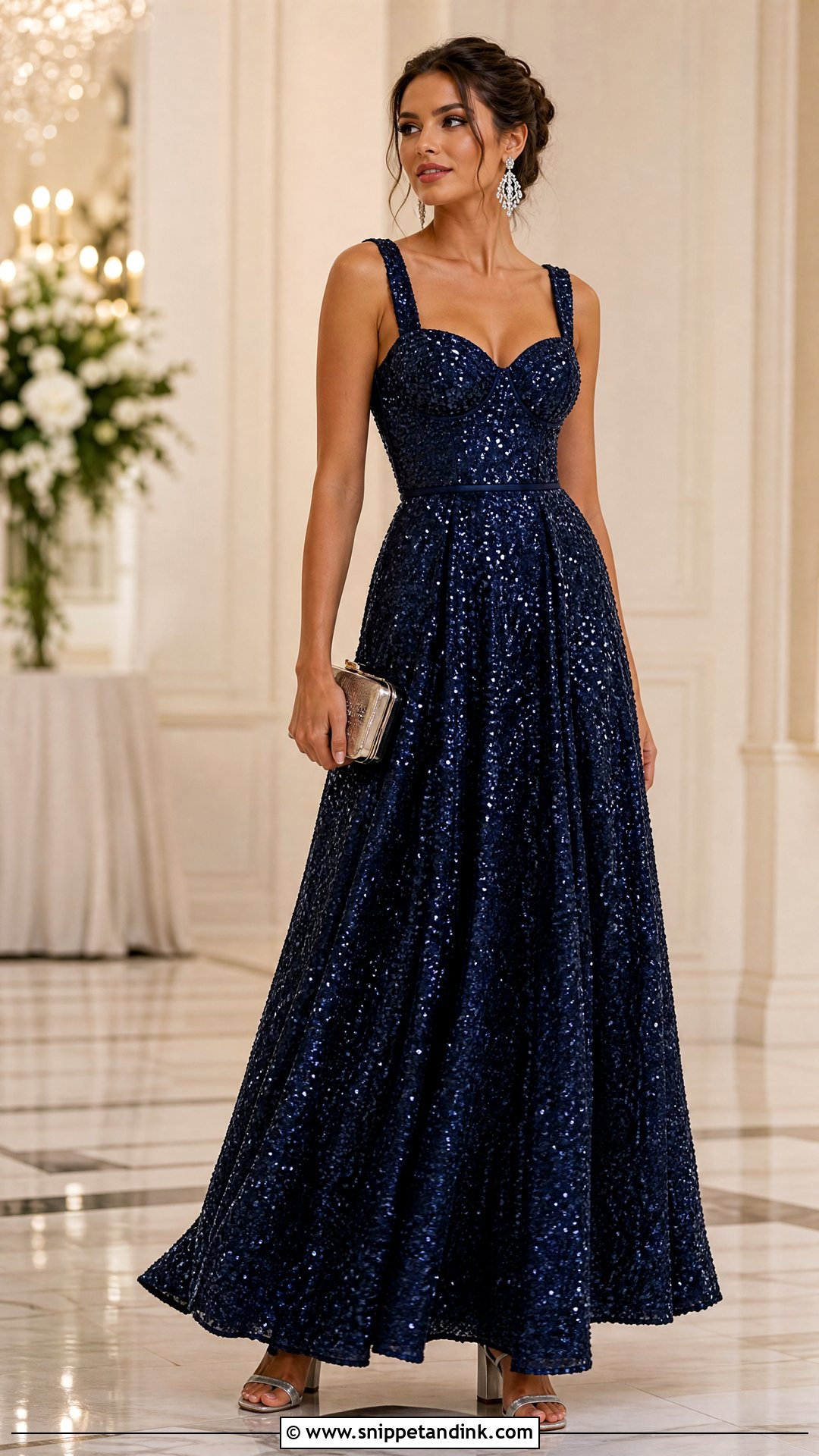 Navy Blue Sequin Gown With Statement Earrings - Snippet and Ink - 20 Heavy Dress for Wedding Ideas