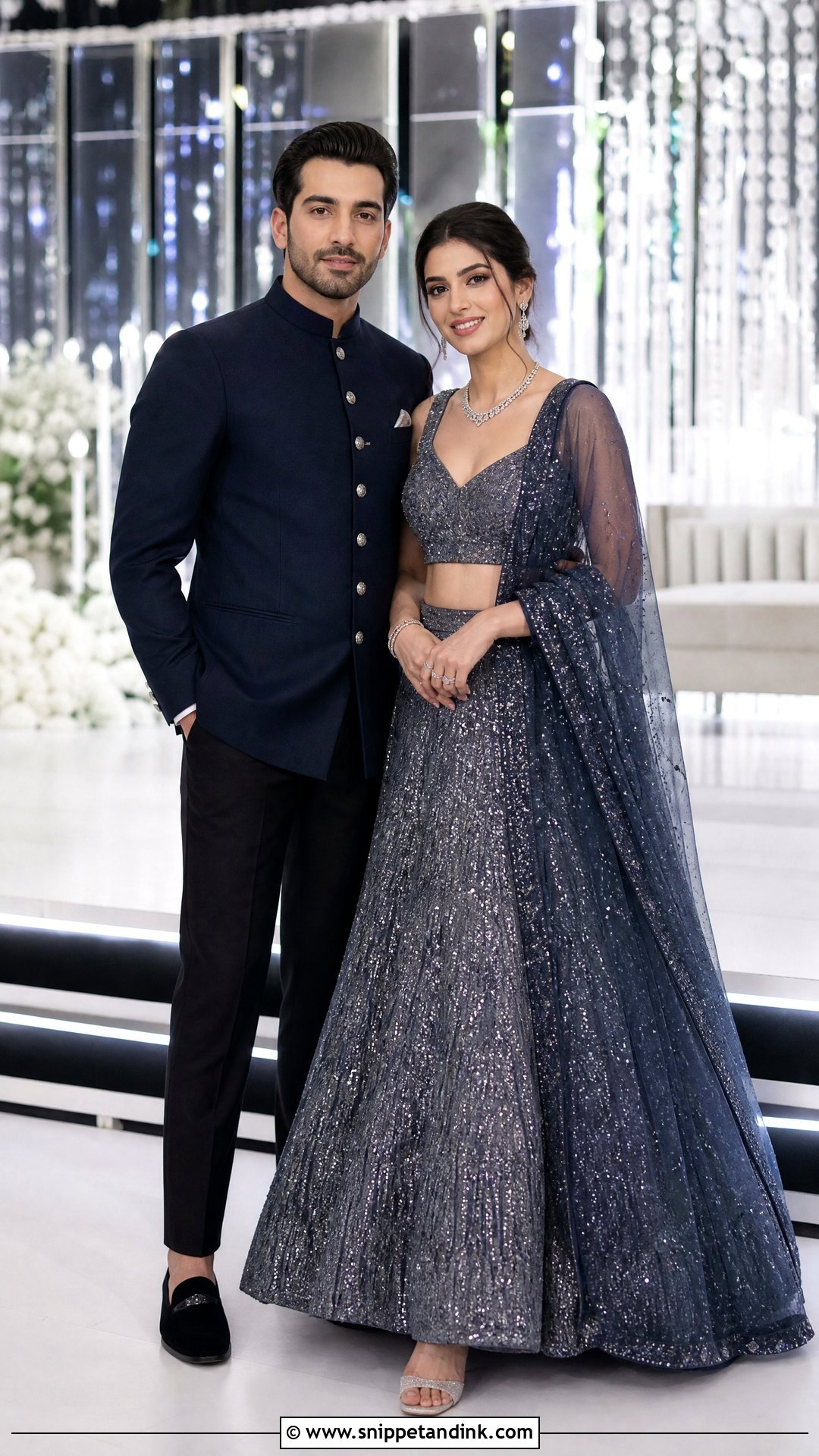 Navy Blue Sequin Lehenga And Bandhgala Sangeet Couple Outfit - Snippet and Ink - 20 Sangeet Outfit for Couple Ideas