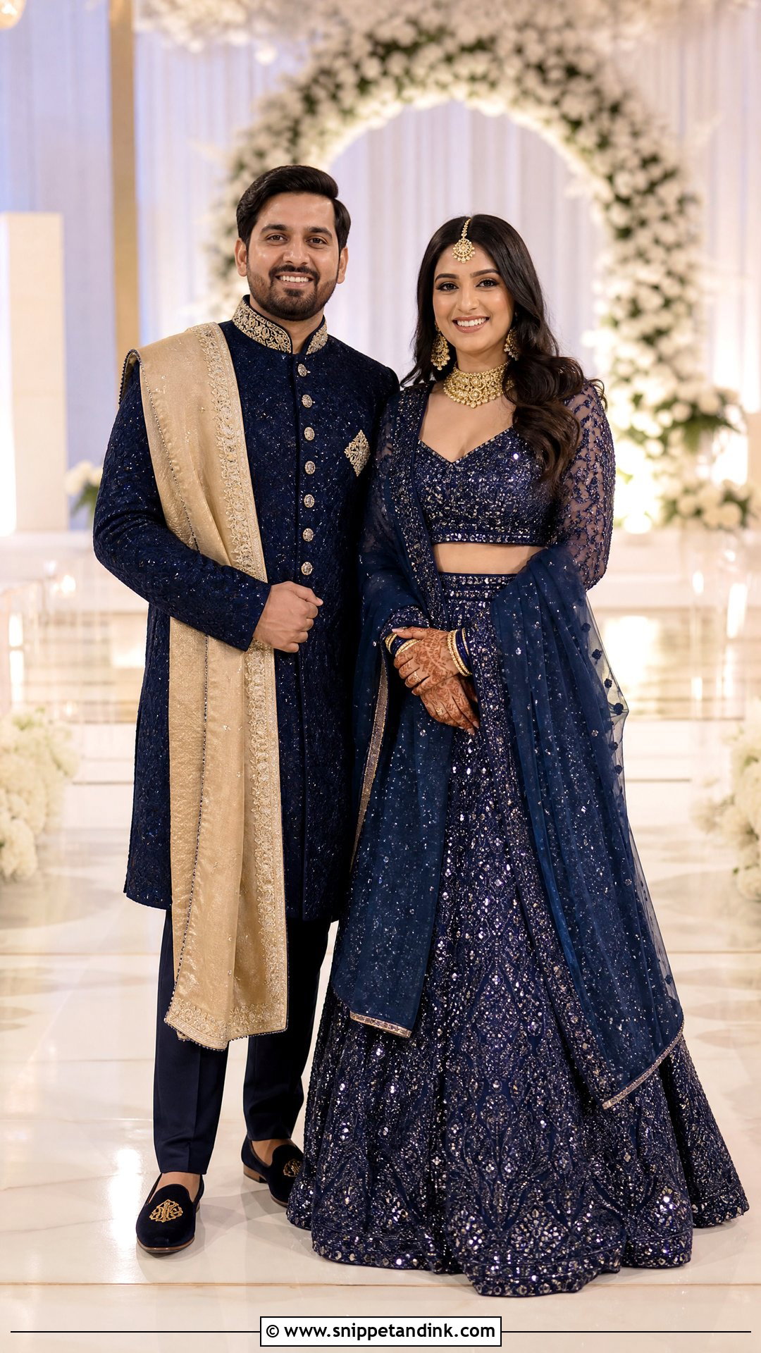 Navy Blue Sherwani And Sequin Lehenga - Snippet and Ink - 20 Navy Blue Couple Wedding Outfits