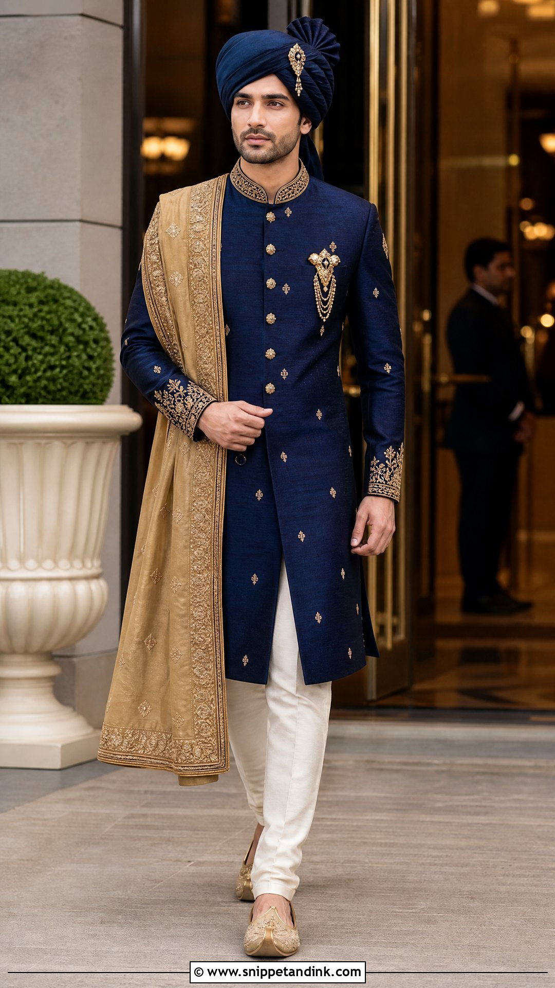 Navy Blue Sherwani With Gold Stole - Snippet and Ink - 20 Sherwani Wedding Ideas