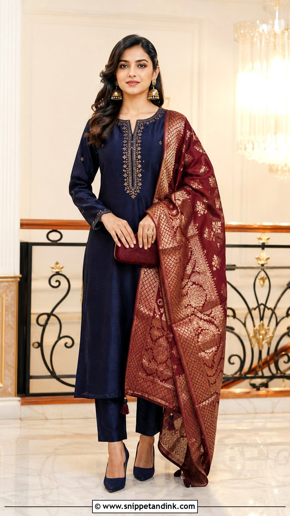Navy Blue Silk Suit With Maroon Dupatta - Snippet and Ink - 20 Maroon Dupatta Combination Ideas