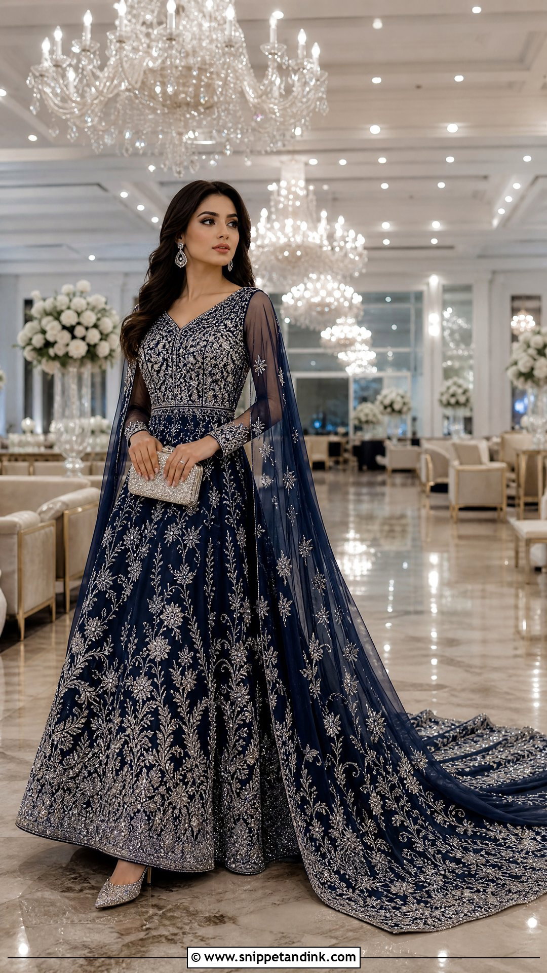 Navy Blue Silver Trail Walima Maxi Dress - Snippet and Ink - 20 Bridal Walima Maxi Dress Pakistani Ideas