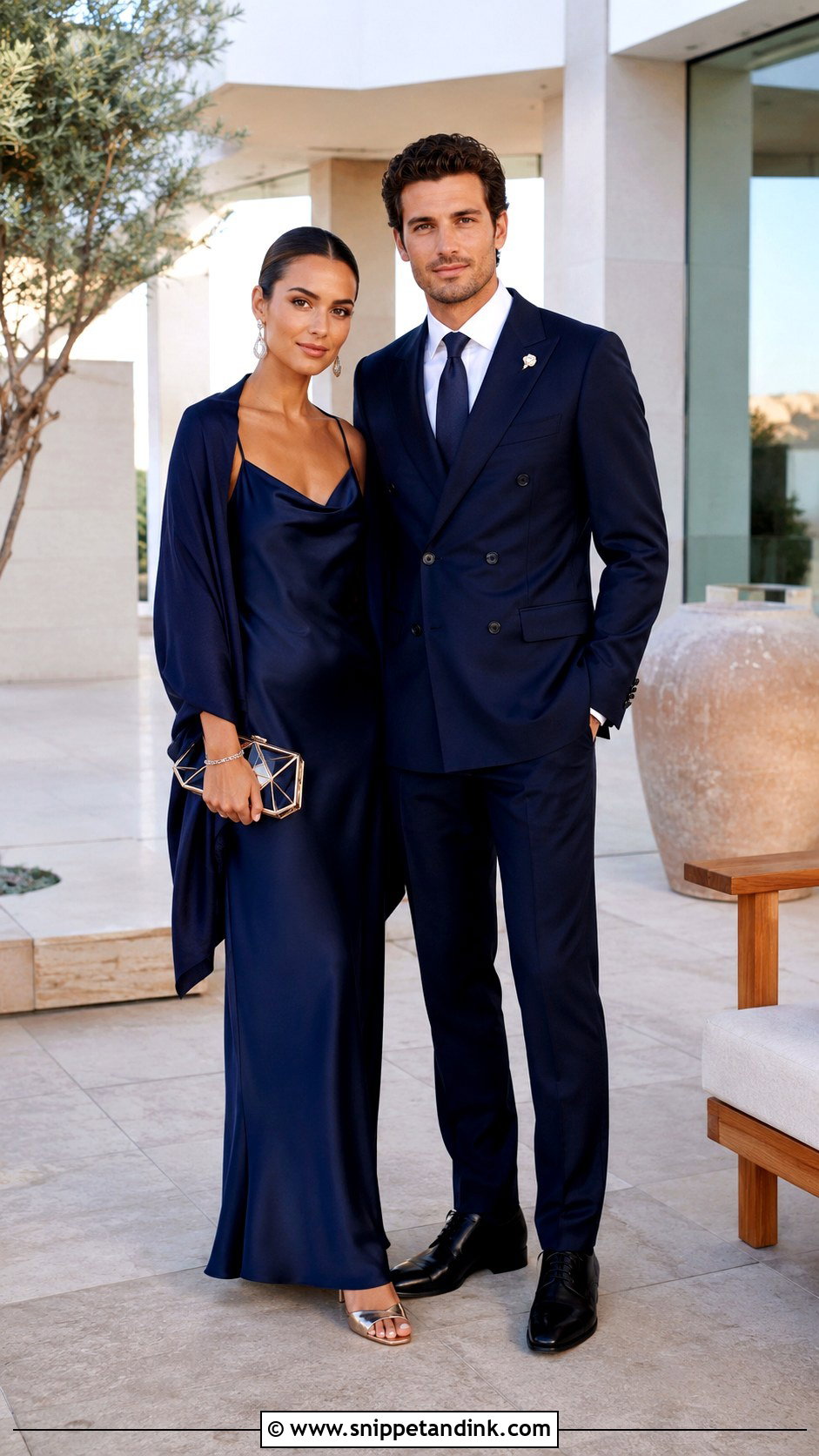 Navy Blue Slip Dress And Double Breasted Suit - Snippet and Ink - 20 Navy Blue Couple Wedding Outfits