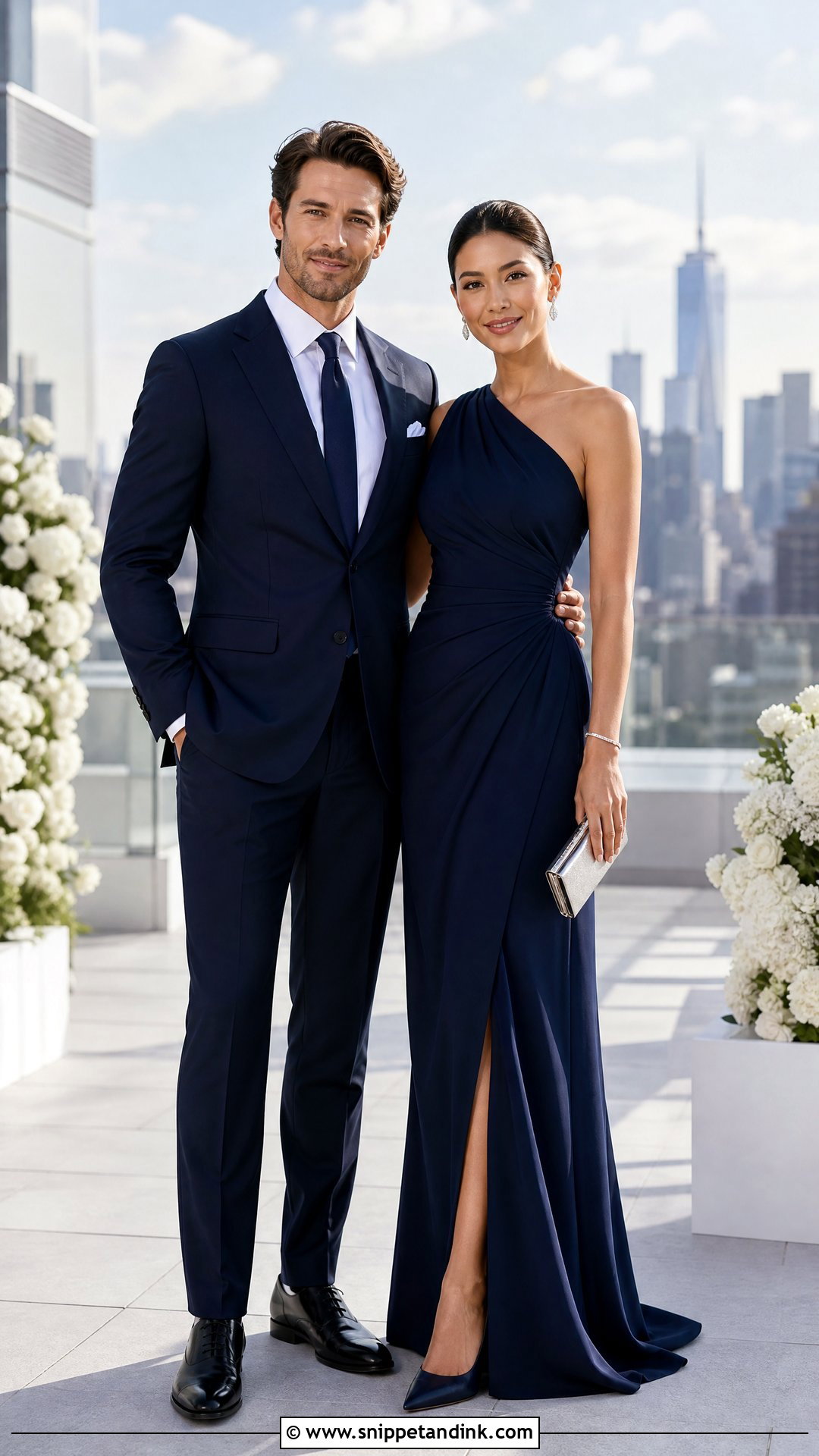 Navy Blue Suit And One Shoulder Gown - Snippet and Ink - 20 Navy Blue Couple Wedding Outfits
