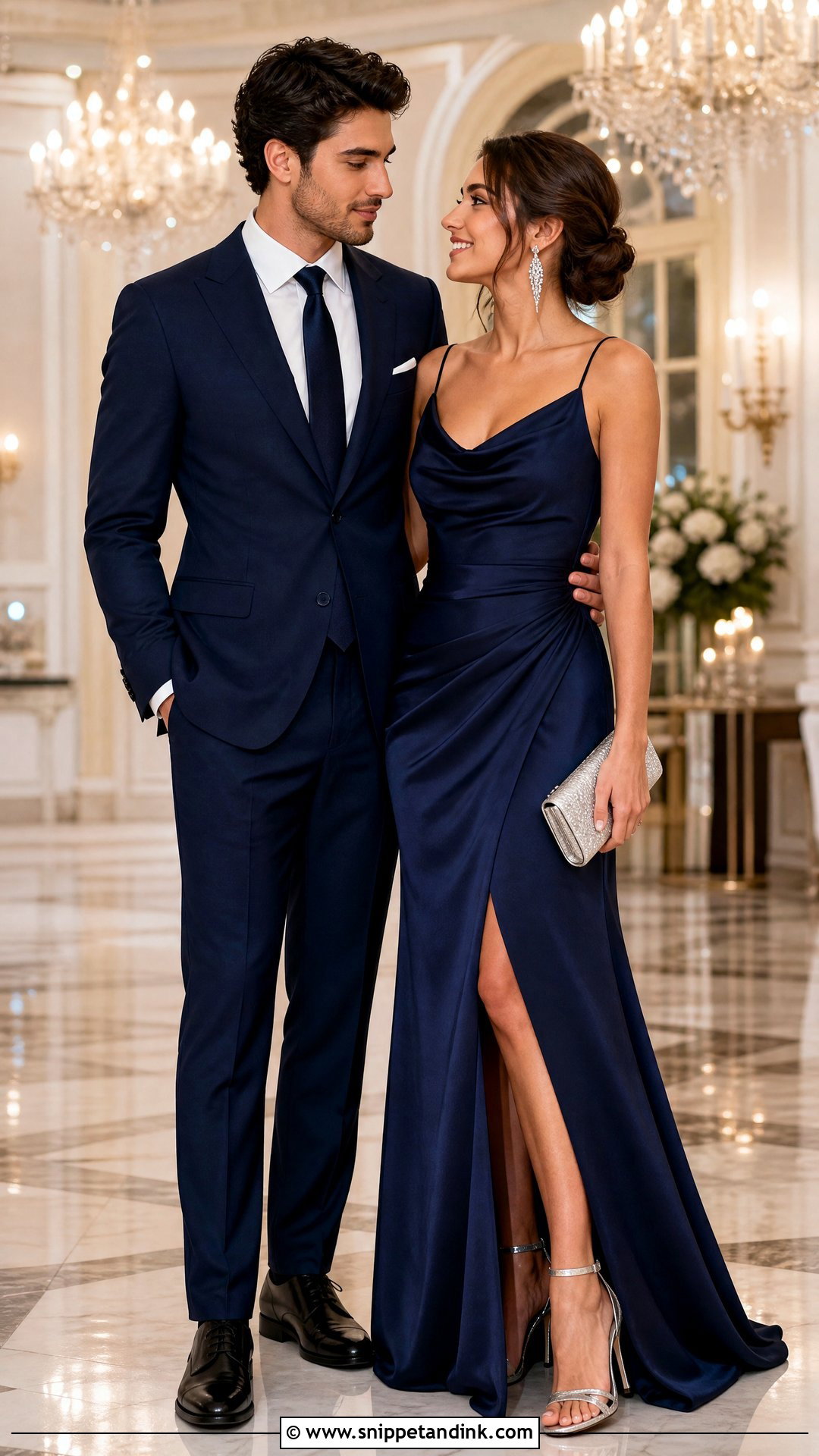 Navy Blue Suit And Satin Gown - Snippet and Ink - 20 Navy Blue Couple Wedding Outfits