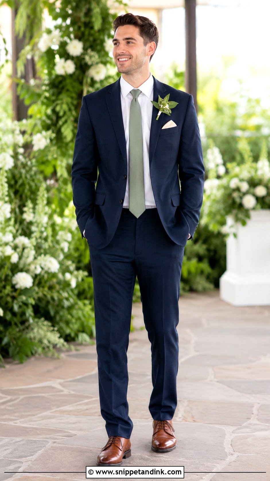 Navy Blue Suit With Green Boutonniere - Snippet and Ink - 30 Navy Blue Suit Wedding Ideas