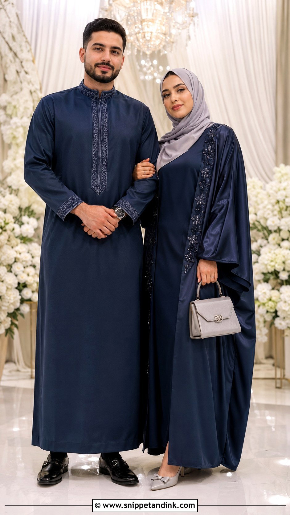 Navy Blue Thobe And Satin Abaya - Snippet and Ink - 20 Navy Blue Couple Wedding Outfits