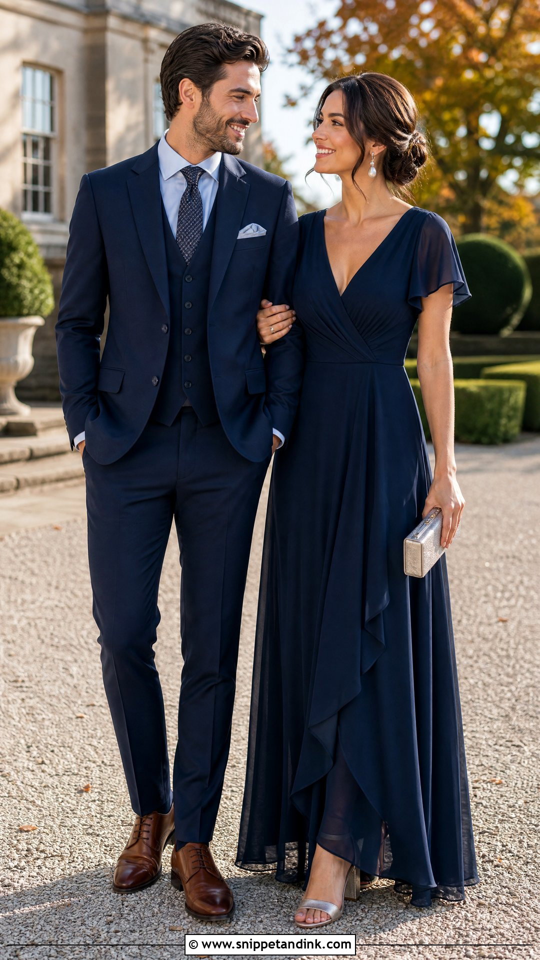 Navy Blue Three Piece Suit And Chiffon Gown - Snippet and Ink - 20 Navy Blue Couple Wedding Outfits