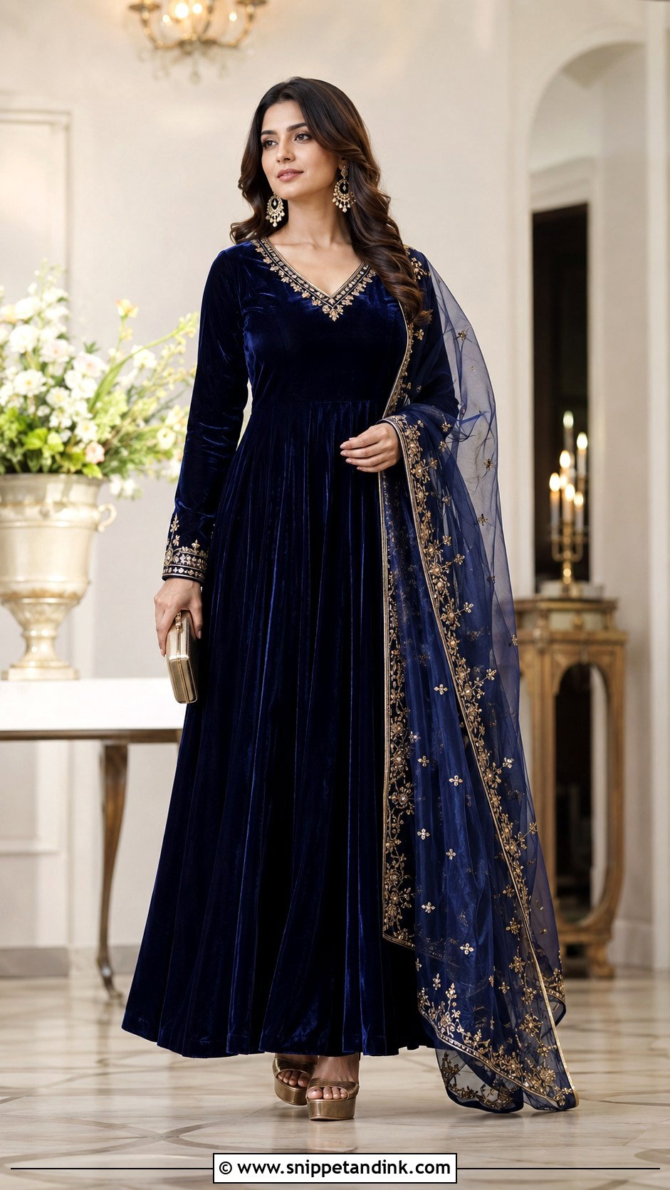 Navy Blue Velvet Anarkali With Embroidered Dupatta - Snippet and Ink - 20 Anarkali Dress with Dupatta Ideas