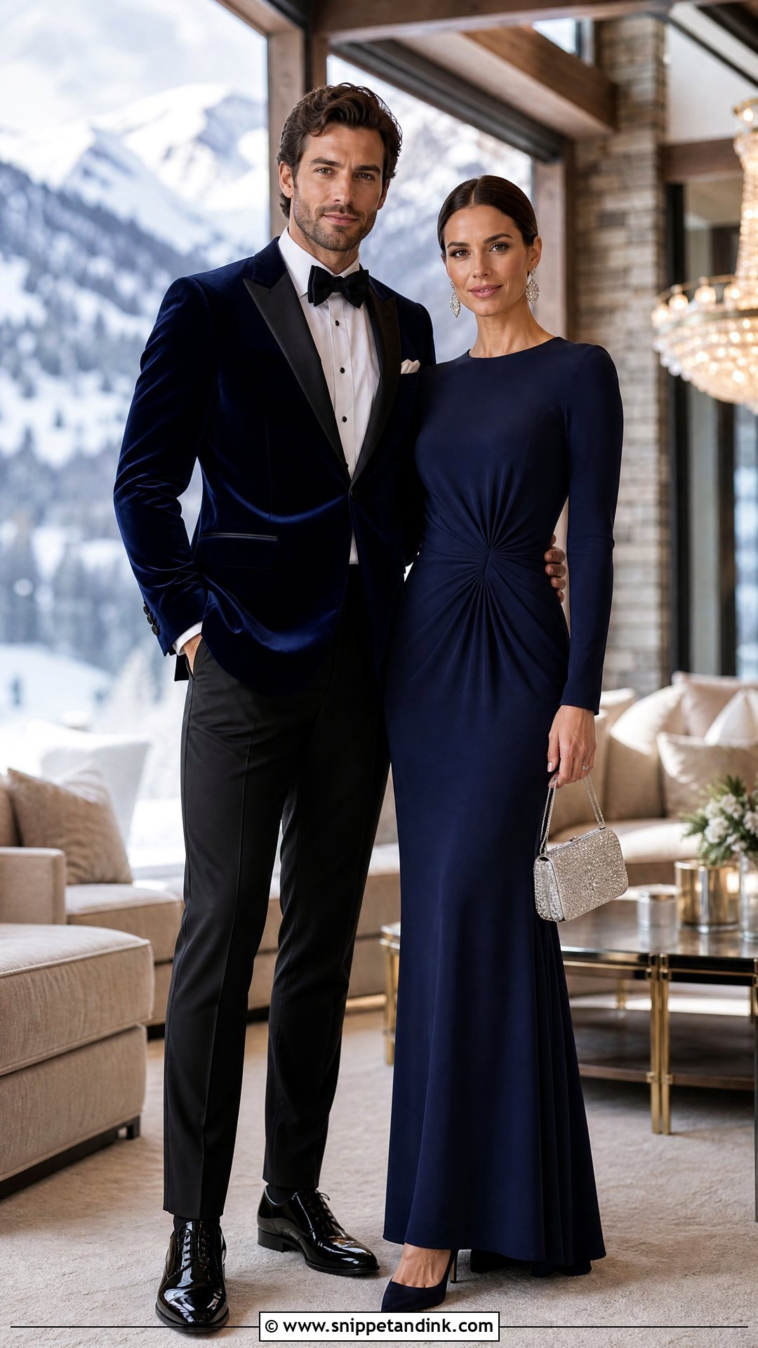 Navy Blue Velvet Jacket And Long Sleeve Dress - Snippet and Ink - 20 Navy Blue Couple Wedding Outfits