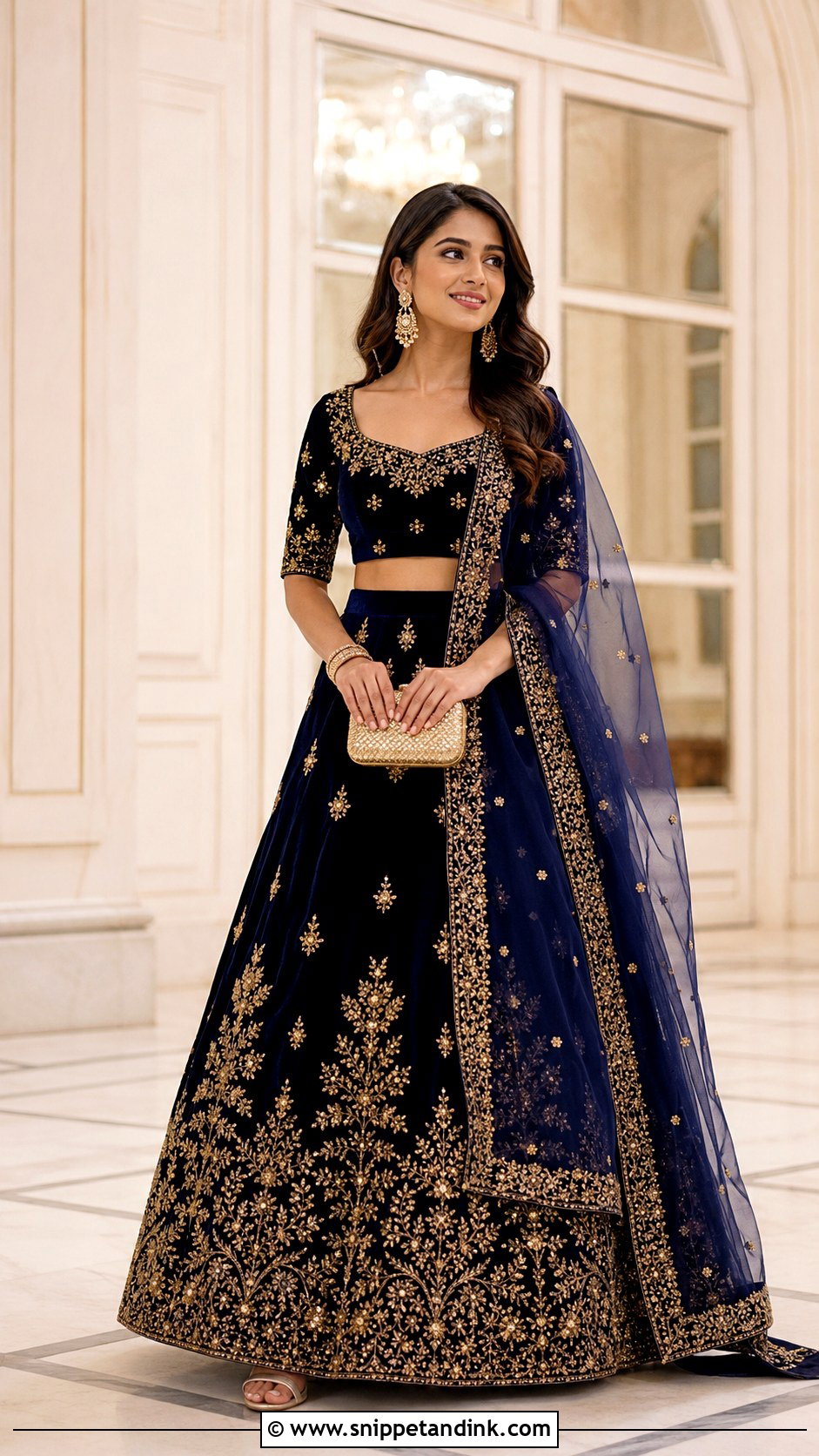 Navy Blue Velvet Lehenga Sangeet Outfit - Snippet and Ink - 20 Blue Sangeet Outfit Ideas