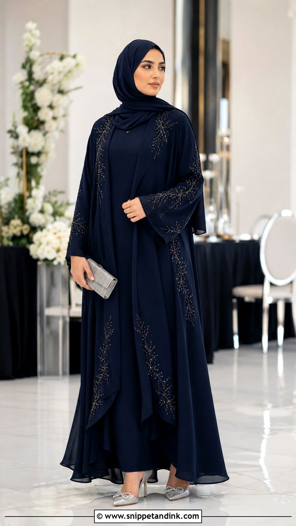 Navy Blue Wedding Abaya With Silver Heels - Snippet and Ink - 25 Abaya Wedding Dress Ideas