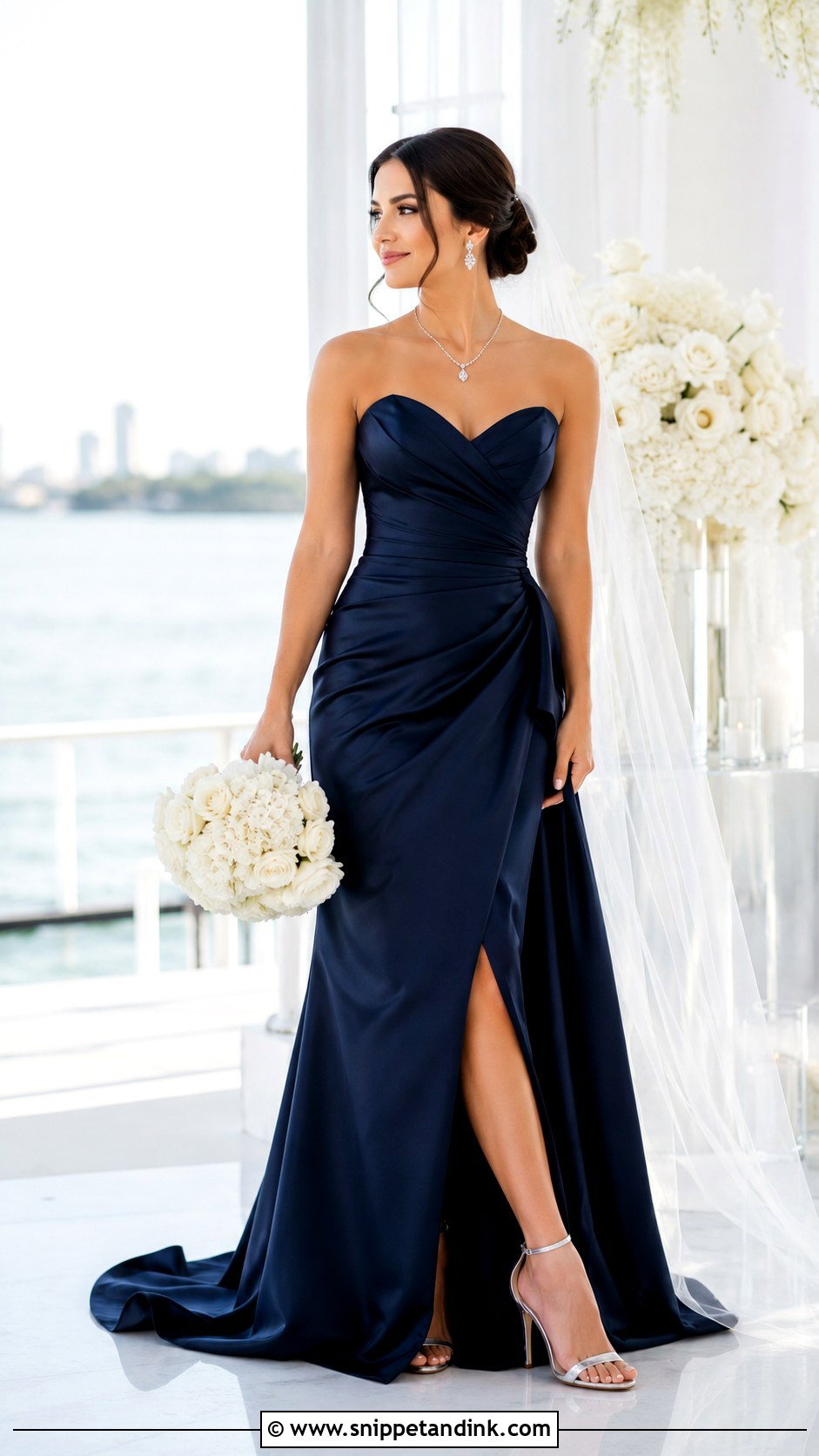 Navy Blue Wedding Dress With White Bouquet - Snippet and Ink - 25 Wedding Dresses with Color