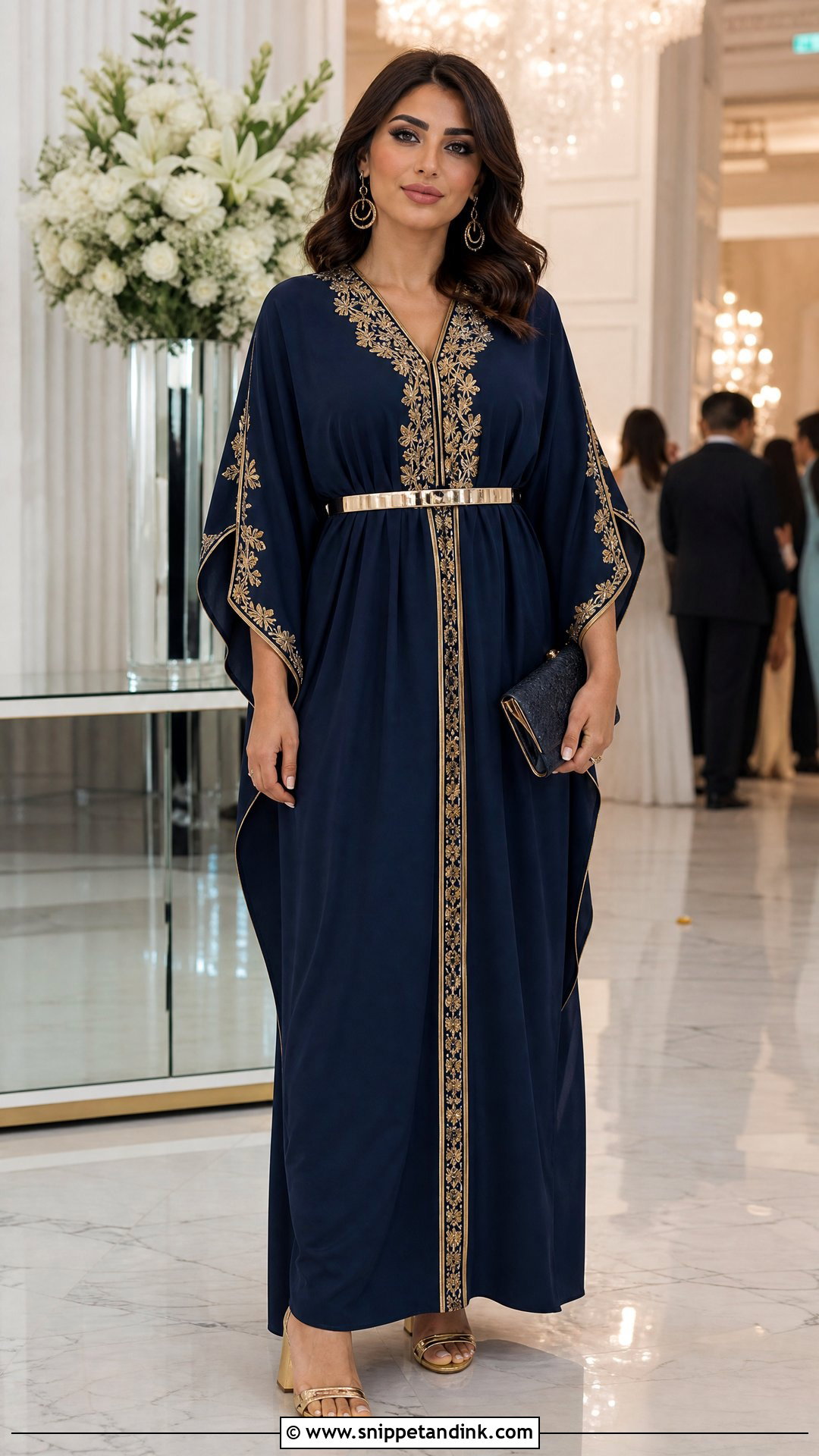 Navy Blue Wedding Guest Kaftan With Gold Heels - Snippet and Ink - 20 Wedding Kaftan Ideas
