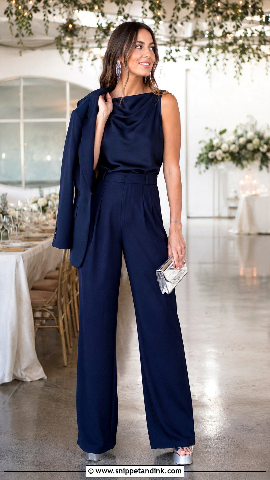 Navy Blue Wide Leg Trouser Set Wedding Outfit - Snippet and Ink - 20 Blue Wedding Outfit Ideas
