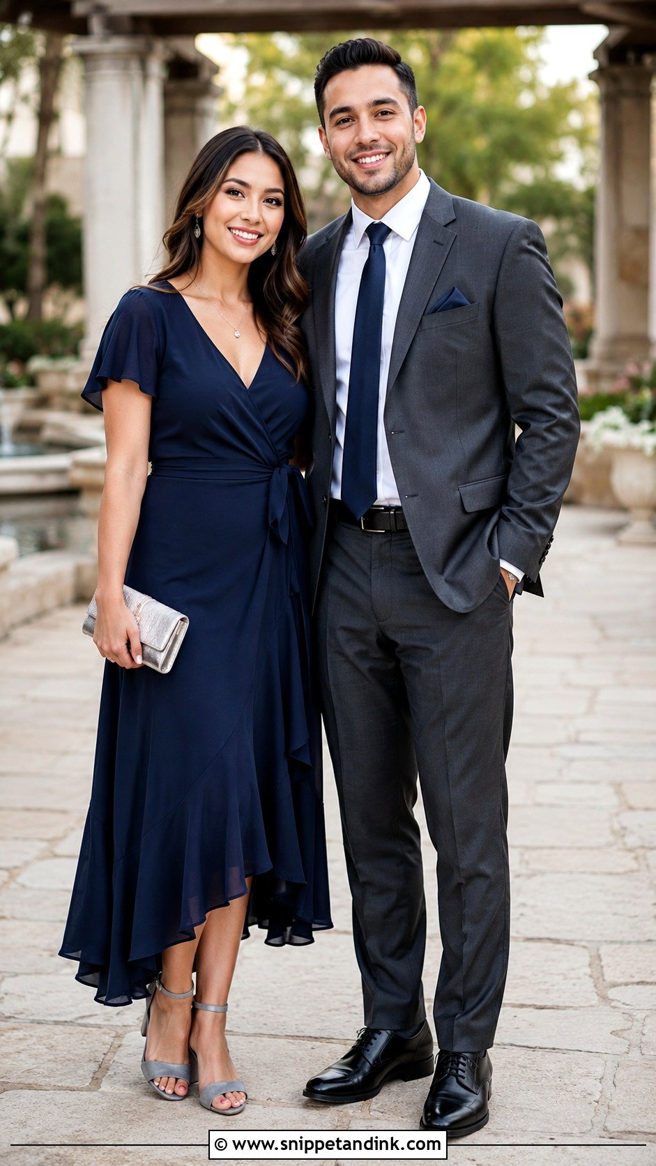 Navy Blue Wrap Dress And Gray Suit - Snippet and Ink - 20 Navy Blue Couple Wedding Outfits