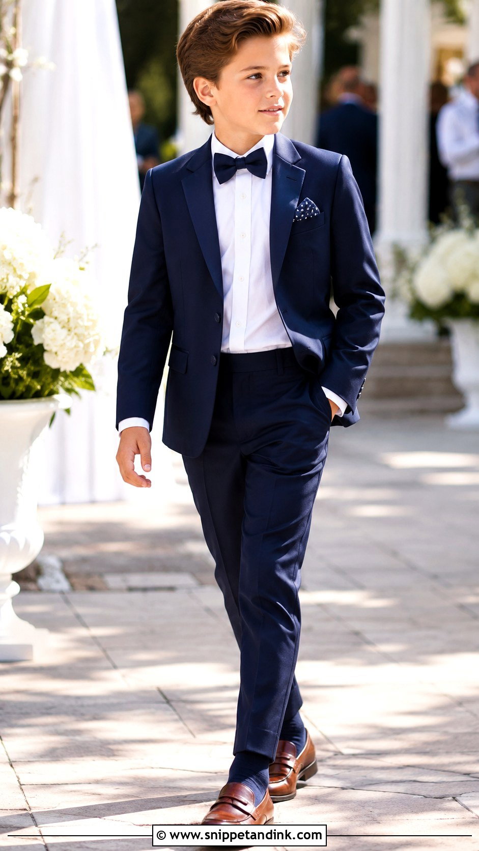 Navy Boys Wedding Tuxedo With Brown Shoes - Snippet and Ink - 20 Kids Tuxedo Boys Wedding Ideas