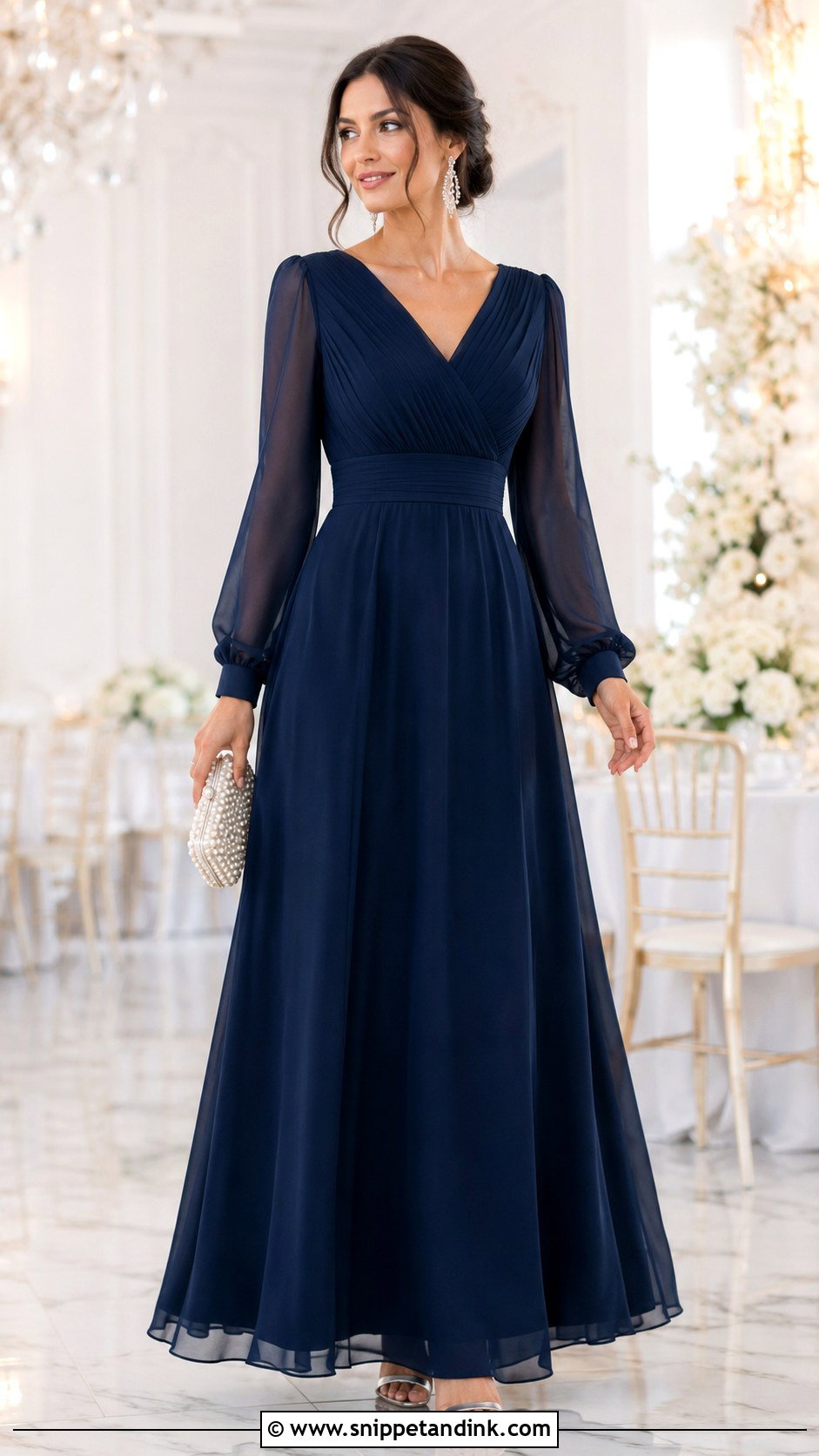 Navy Chiffon Long Sleeve Gown - Snippet and Ink - 20 Elegant Long Sleeve Gown Ideas